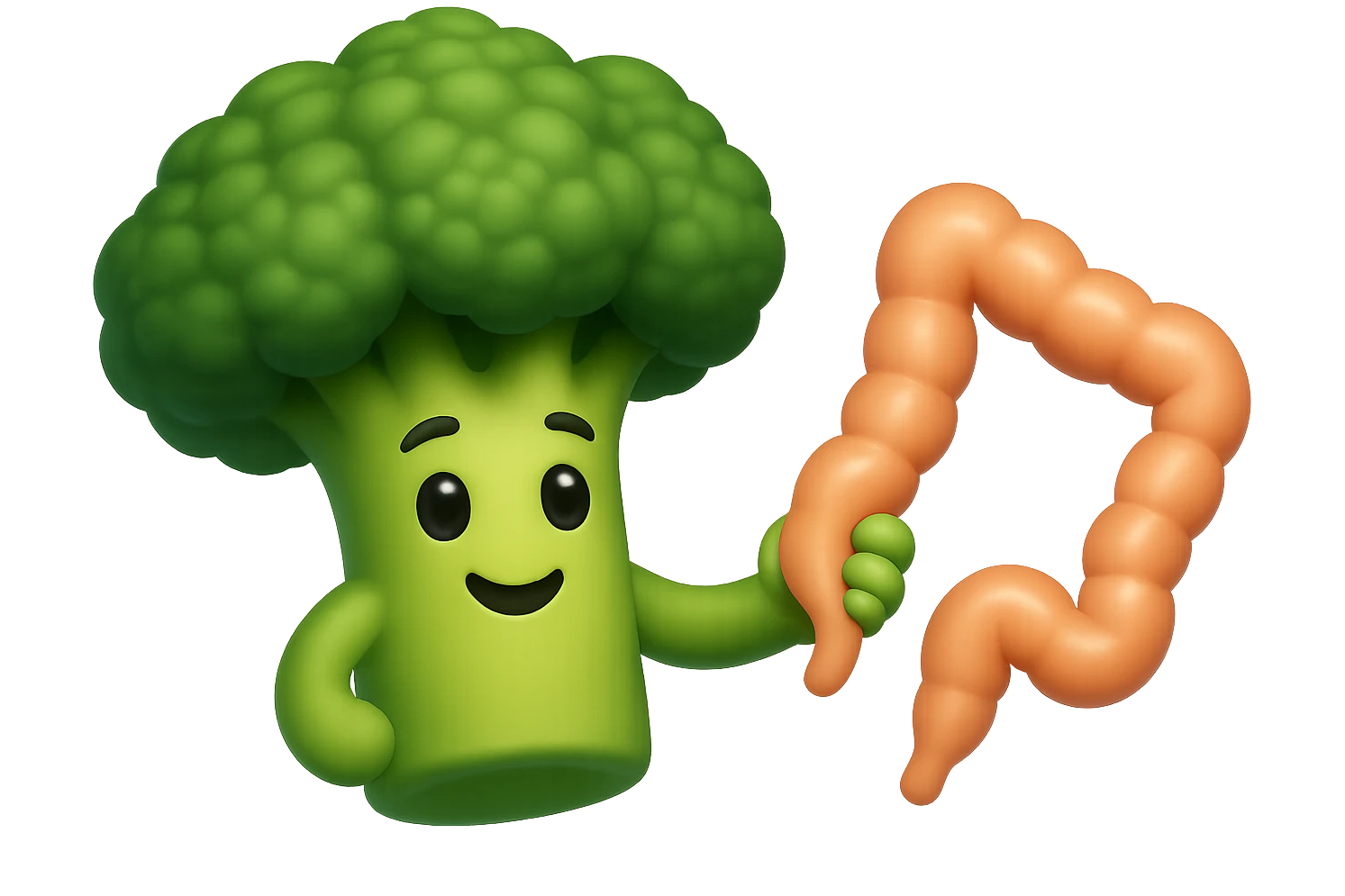 broccoletti stile emoji iphone fluttuano in aria stringendo in mano un pezzo di colon intestinale, iperrealistico 4k emoji