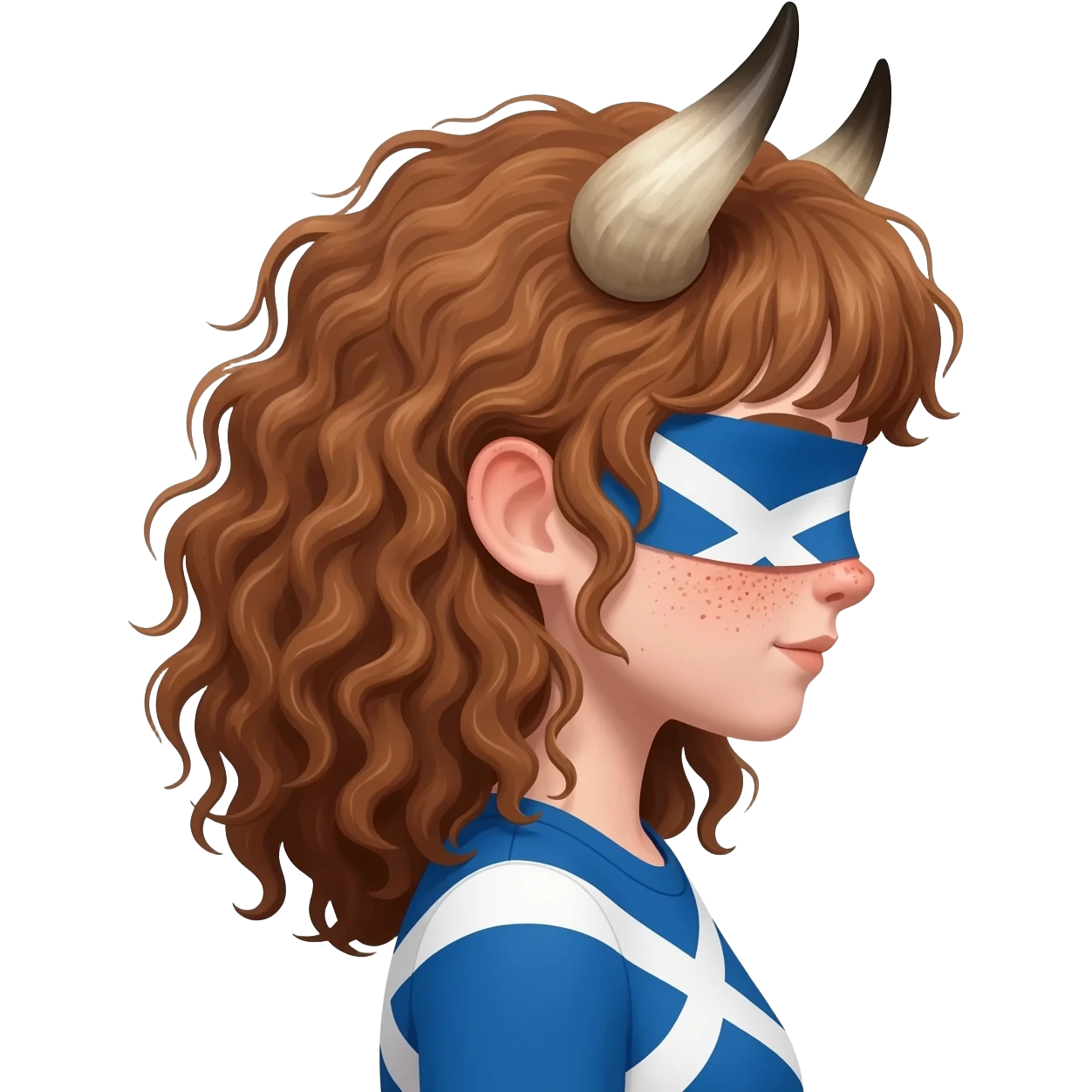 curly girl with freckles with messy light brown bangs covering the eyes with bull horns and bull ears with scottish flag on his shoulders side view emoji