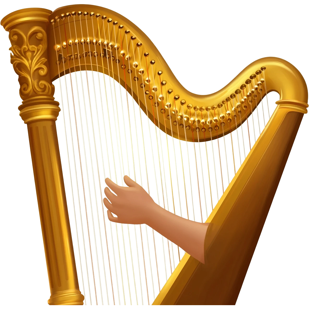 Cinematic Realistic Harp, a grand golden harp with intricately carved details, delicate strings shimmering under soft candlelight, rich wood tones adding warmth, a musician’s gentle fingers plucking a note, glowing with an ethereal and majestic aura. emoji
