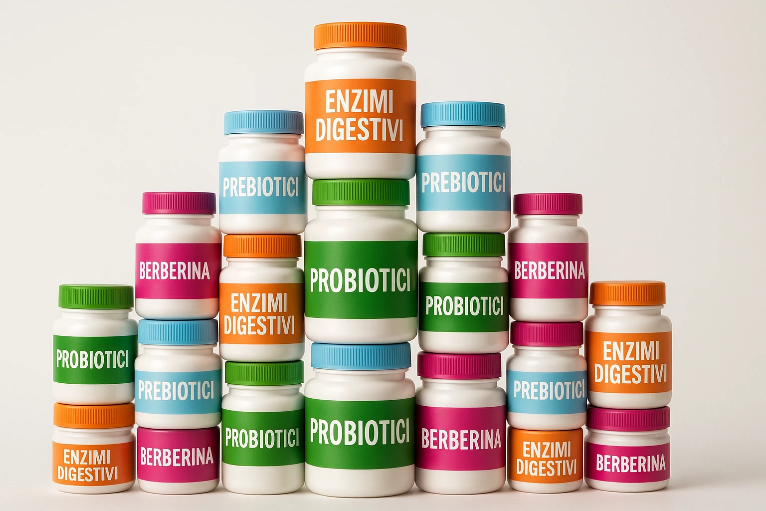 montagna di barattoli di integratori tipo "ENZIMI DIGESTIVI", "PREBIOTICI", "PROBIOTICI", "BERBERINA" con etichette in italiano emoji