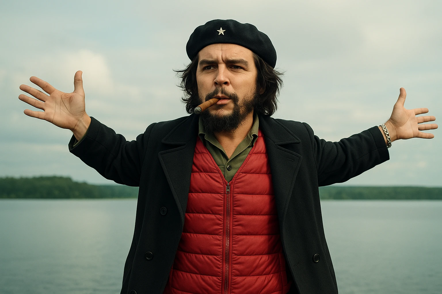 Сгенерируй мне в такой же позе и в такой же одежде Че Гевара и с сигарой в зубах, без надписей и слов emoji