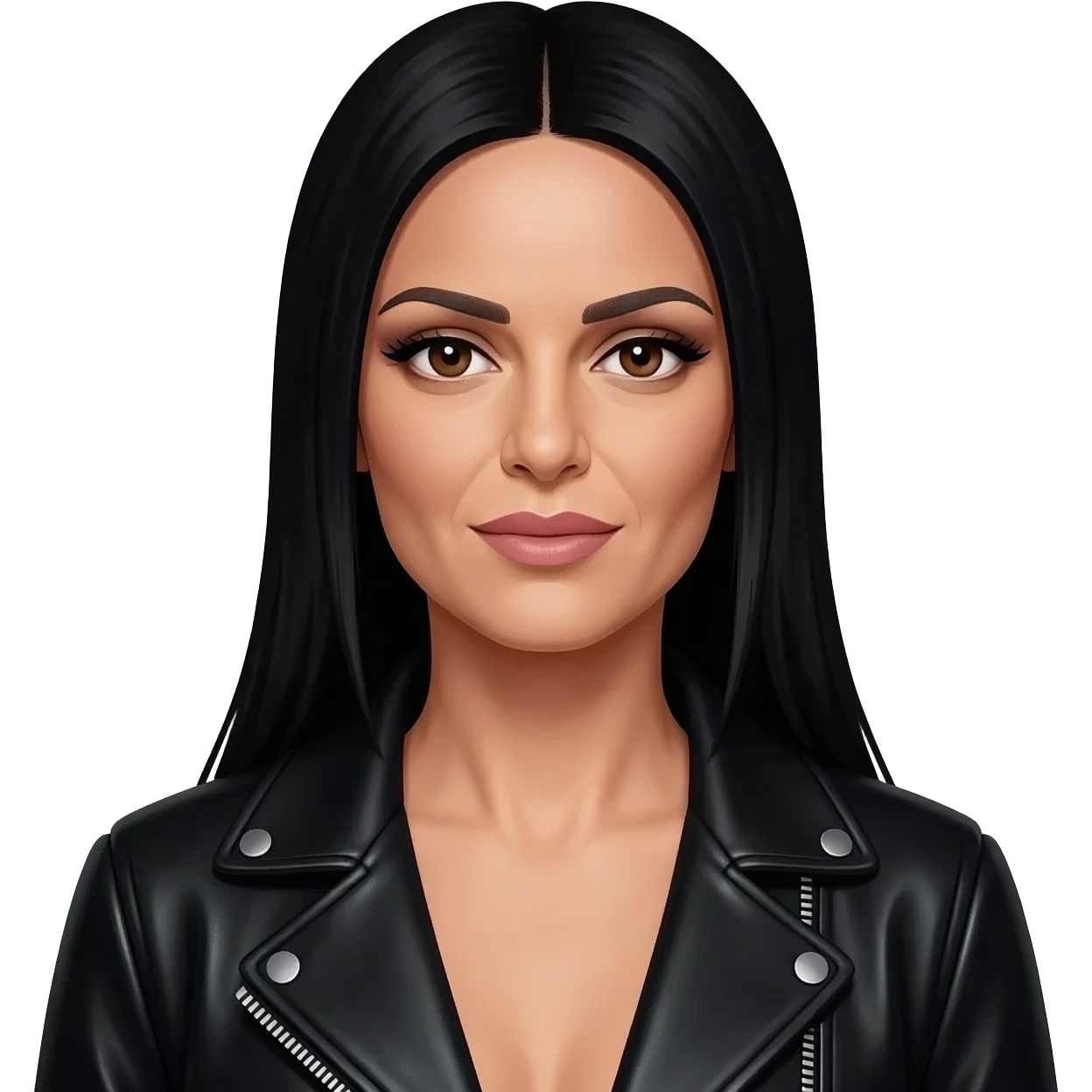 hyperrealistic laura pausini with black long straight hair, cheekbones, long nose, slanted eyes, thin lips, eyeliner and black leather jacket emoji