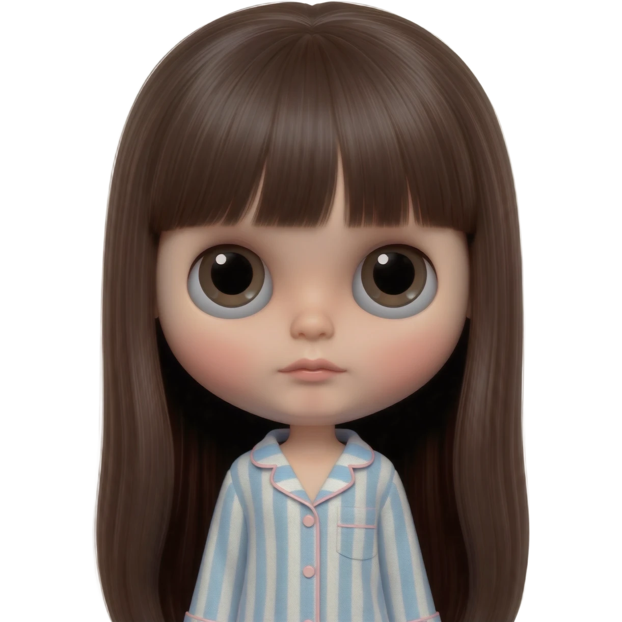 Make me an emoji that is wearing pajamas maker her a Blythe doll type emojiMake her hair longer Make her hair darker Make her hair a darker brown emoji