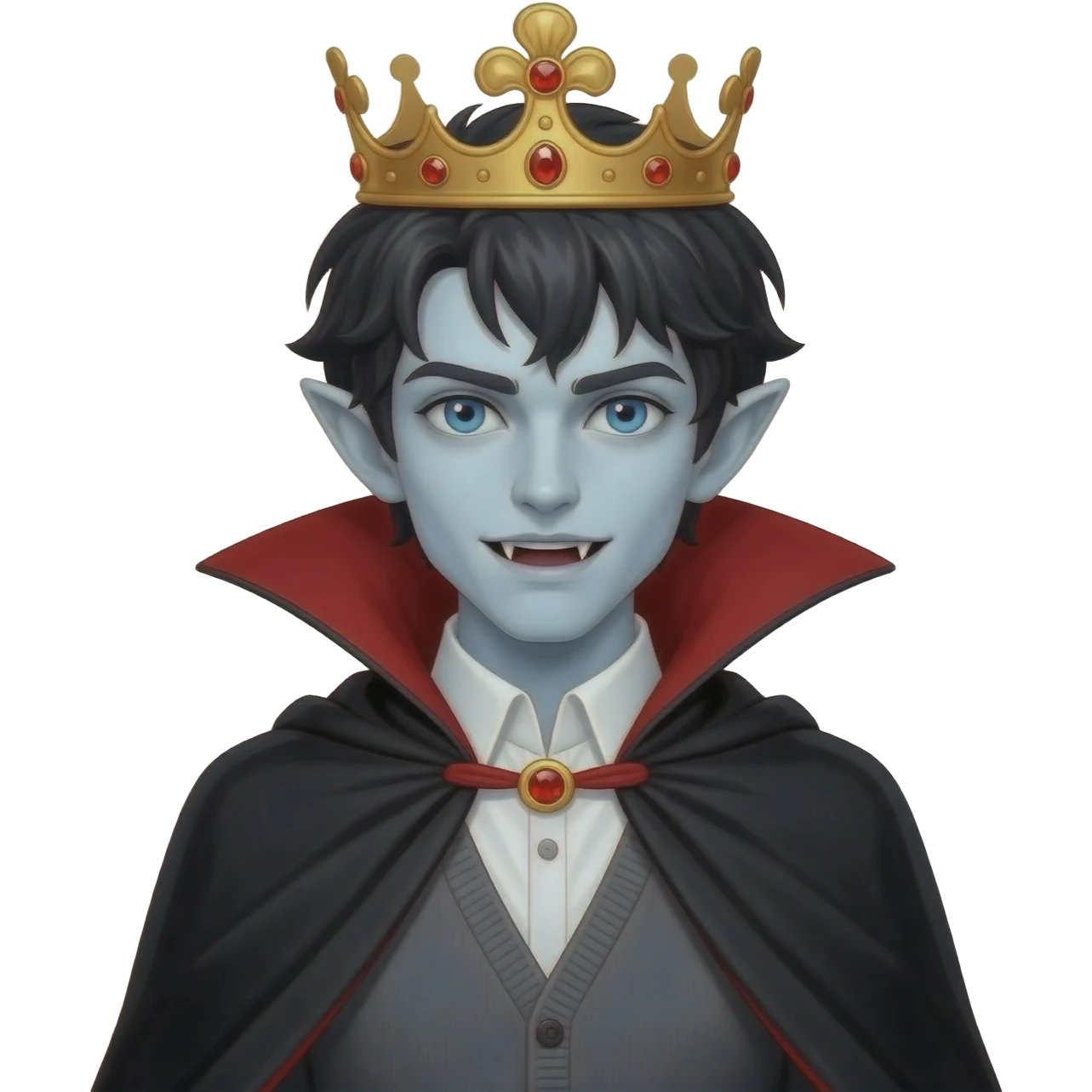 chibi vampire prince, pale skin, messy dark hair, bright blue eyes, small fangs, slightly pointed ears, golden crown with red gems, black cape with red lining, grey cardigan, gothic fantasy style, cute chibi proportions, discord emoji style emoji