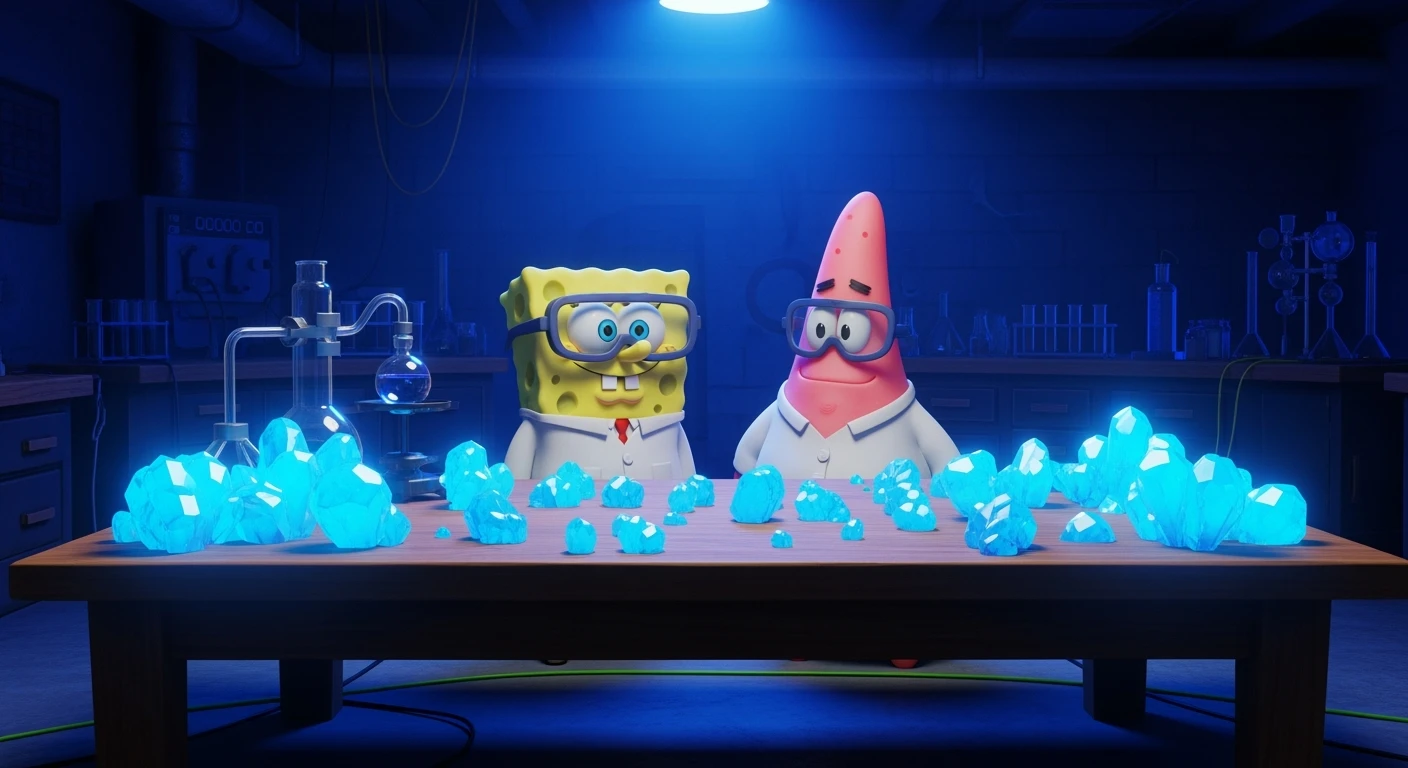 3D cienmatic cartoon shot, spongebob and patric dress in safety glasses and safe white outfit, the are standing front of table with blue crystals on table glowing (light source) science room in basement, back light, Cinema 4d render, proffesional lightning, blue colors emoji
