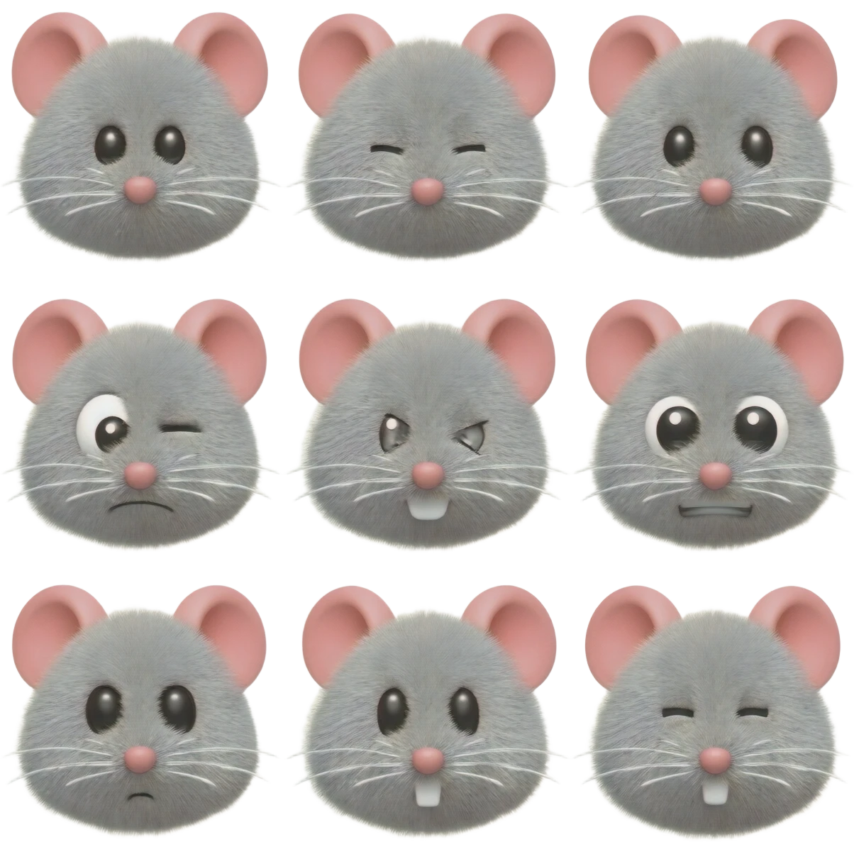 Набор 3D статических смайлов с разными эмоциями пушистых мышек 8 на 8 штук emoji