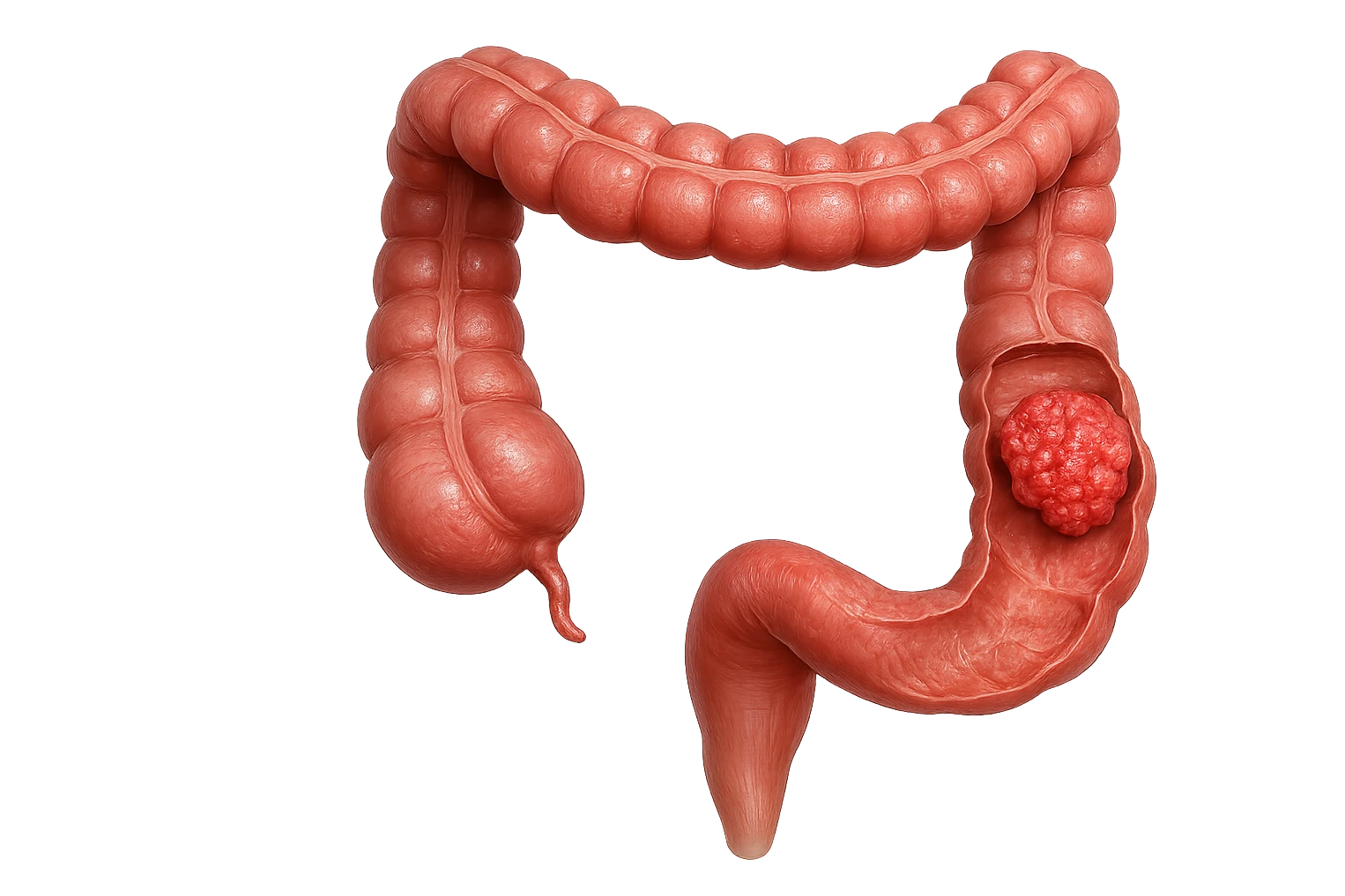 colon umano anatomico realistico malato di cancro, fai un punto visibile in cui si nota proprio la massa tumorale,+ iperrealistico 4k emoji