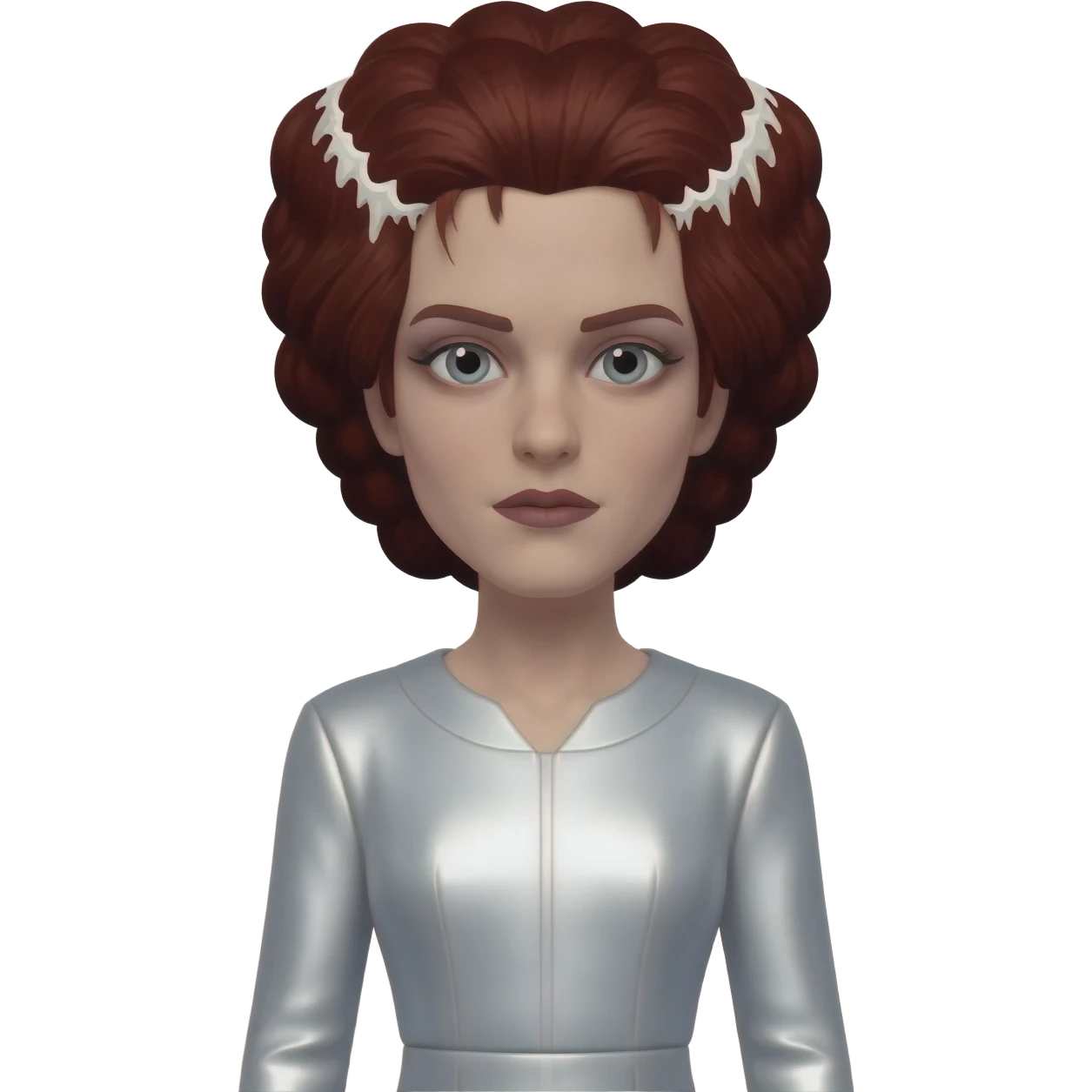 The Bride of Frankenstein from Universal Monsters with dark auburn hair with white streaks, white metallic long dress emoji