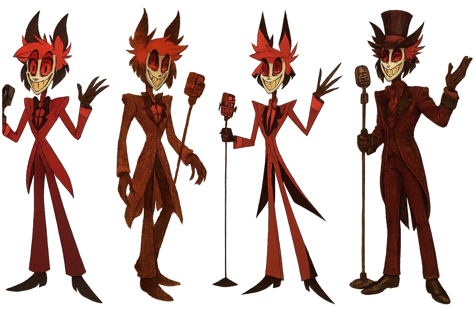 Alastor from Hazbin Hotel, full body, four distinct visual interpretations capturing his charismatic and mischievous personality, no text emoji