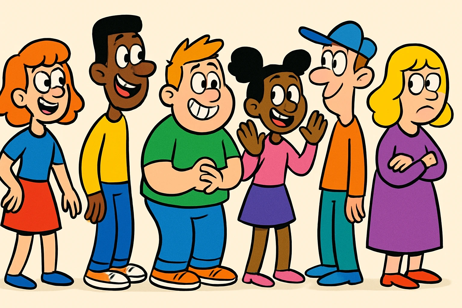 a line of people, playful and colorful, cartoon style emoji