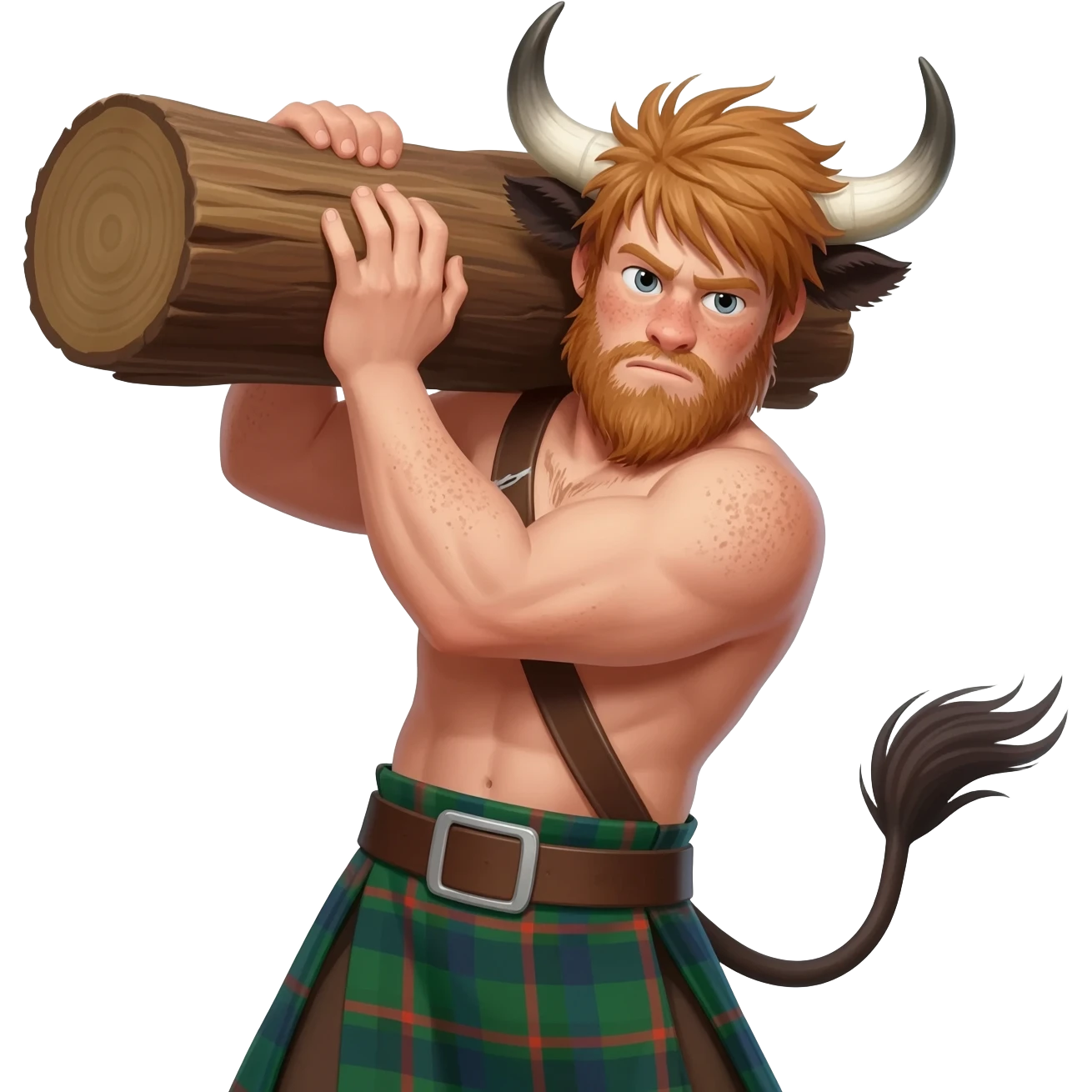 buff hairy man with freckles with messy light brown bangs that covers his face with bull horns and bull ears and bull tail dressed in kilt lifting large log with wind in his hair with belt around his chest emoji
