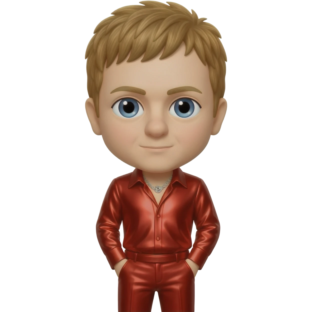Elton John with golden brown hair, red metallic shirt, red metallic faux suit pants, silver necklace emoji