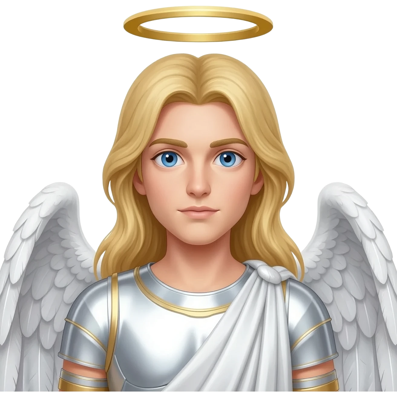 Male Guardian Angel from Christian Mythology with blue eyes, long blonde hair, white metallic toga emoji