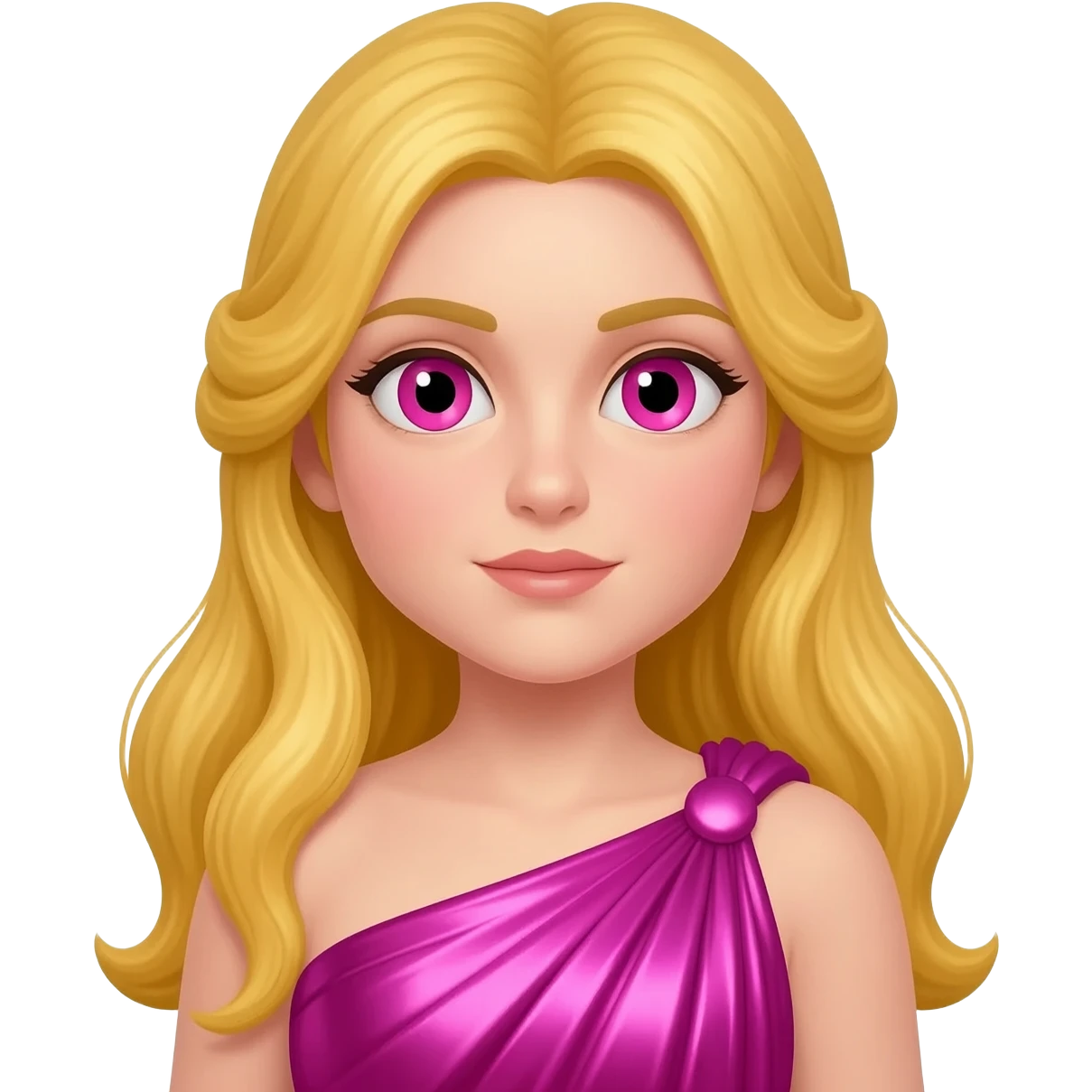 Aprodite from Greek Mythology with pink eyes, long golden blonde hair, hot pink metallic peplos emoji