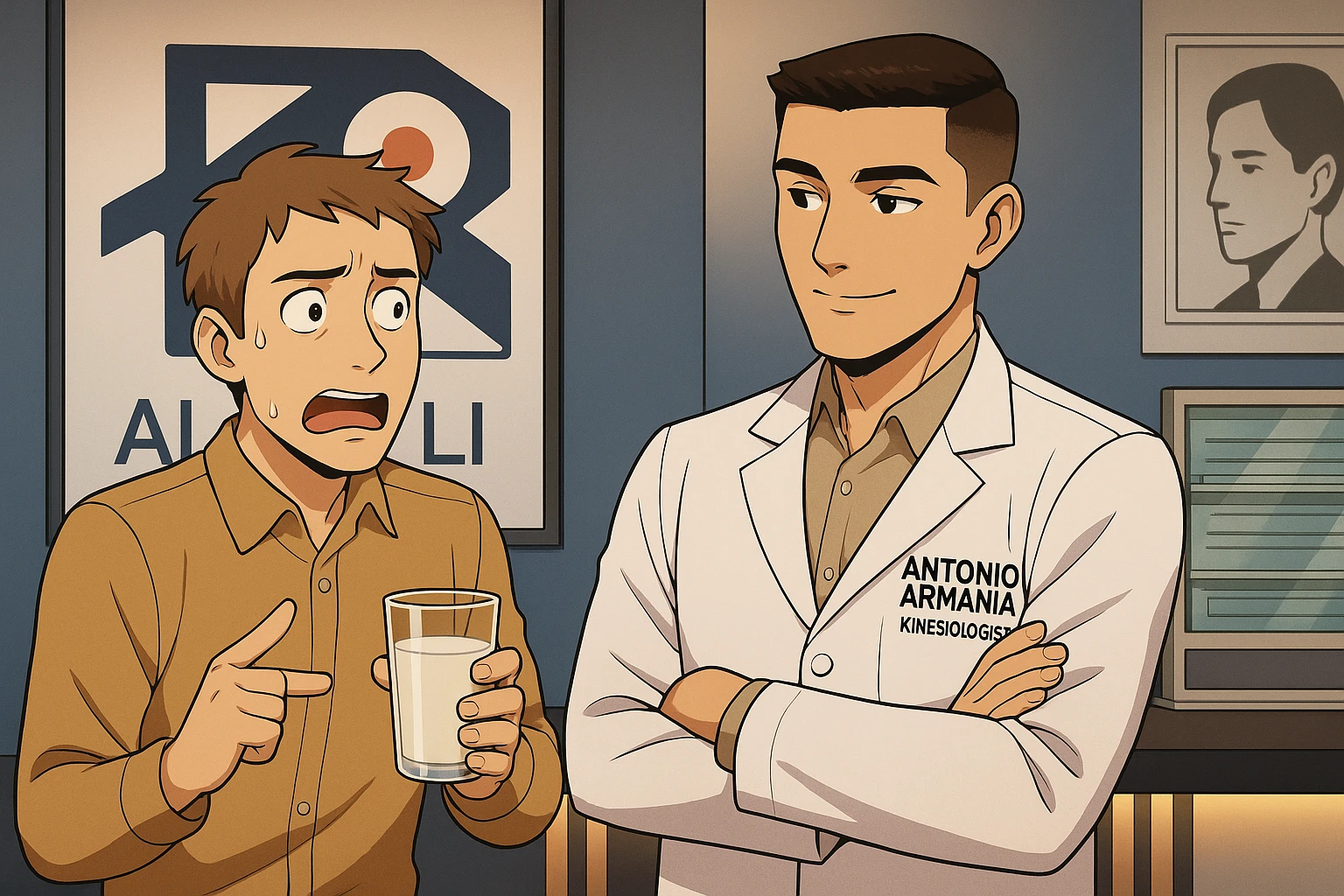 fai un webtoon manga a colori con questo stile, in cui un uomo chiede al kinesiologo con il camice bianco (fagli anche la scritta "ANTONIO ANANIA" SUL CAMICE, una domanda e il kinesiologo gli risponde, L'UOMO INDICA IL BICCHIERE DI LATTE CHE HA IN MANO ED è MOLTO ALLARMATO NEL FARE LA DOMANDA. non fare i fumetti però, fai solo in modo che sembri stiano parlando emoji