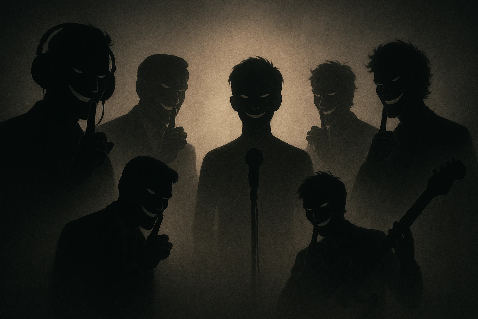 Siluetas y figuras de personas que trabajan en la industria musical, en las sombras, vistas desde lejos, con sonrisas burlonas y aire de superioridad, haciendo una señal con el dedo para pedir que otros hagan silencio o de estar guardando un secreto emoji