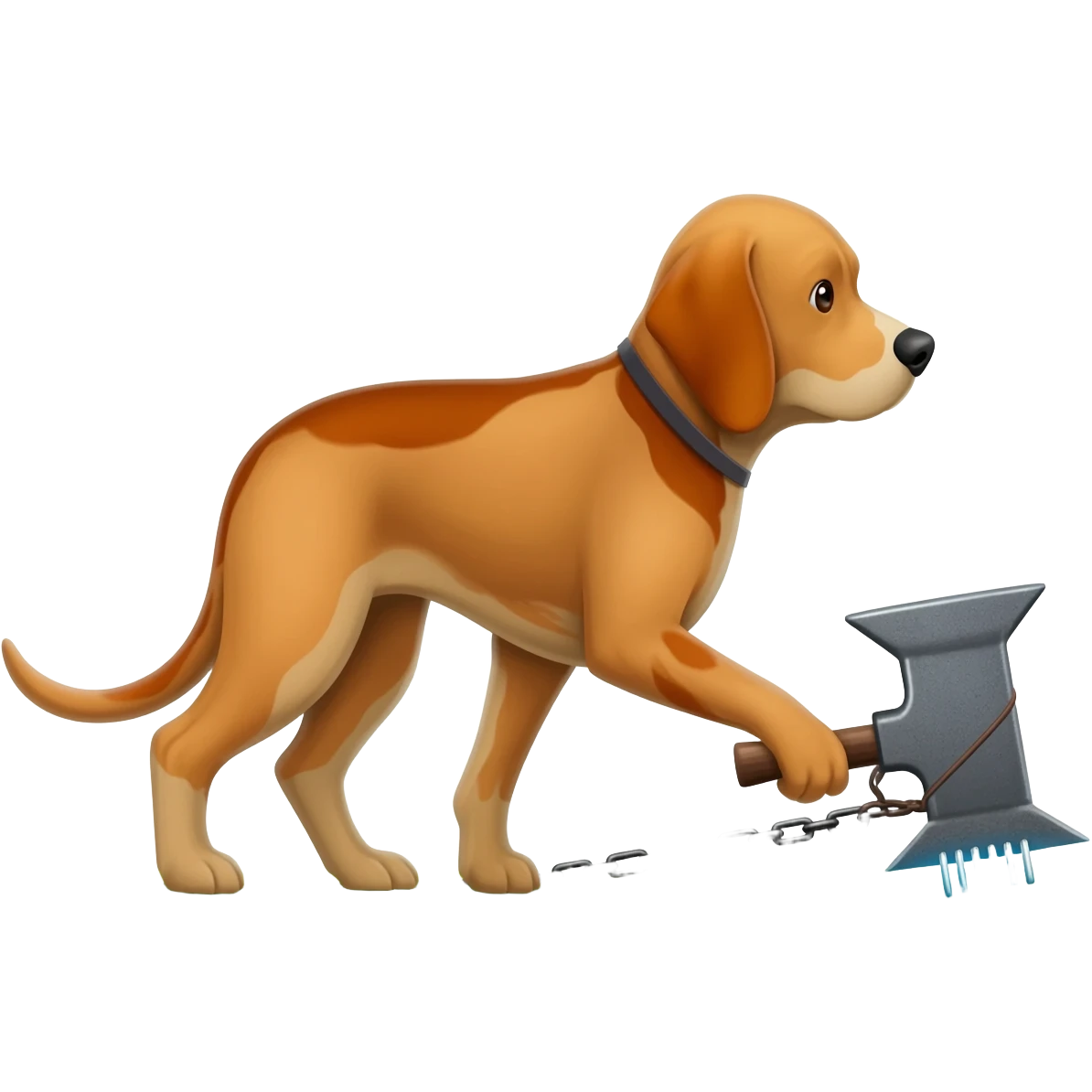 Pack hound standing on green grass pulling an anvil with an electric shaver under anvil  and show cut a path behind anvil.showing a shaven  path along green grass by leads or chains. Show the shaver cutting the grass emoji