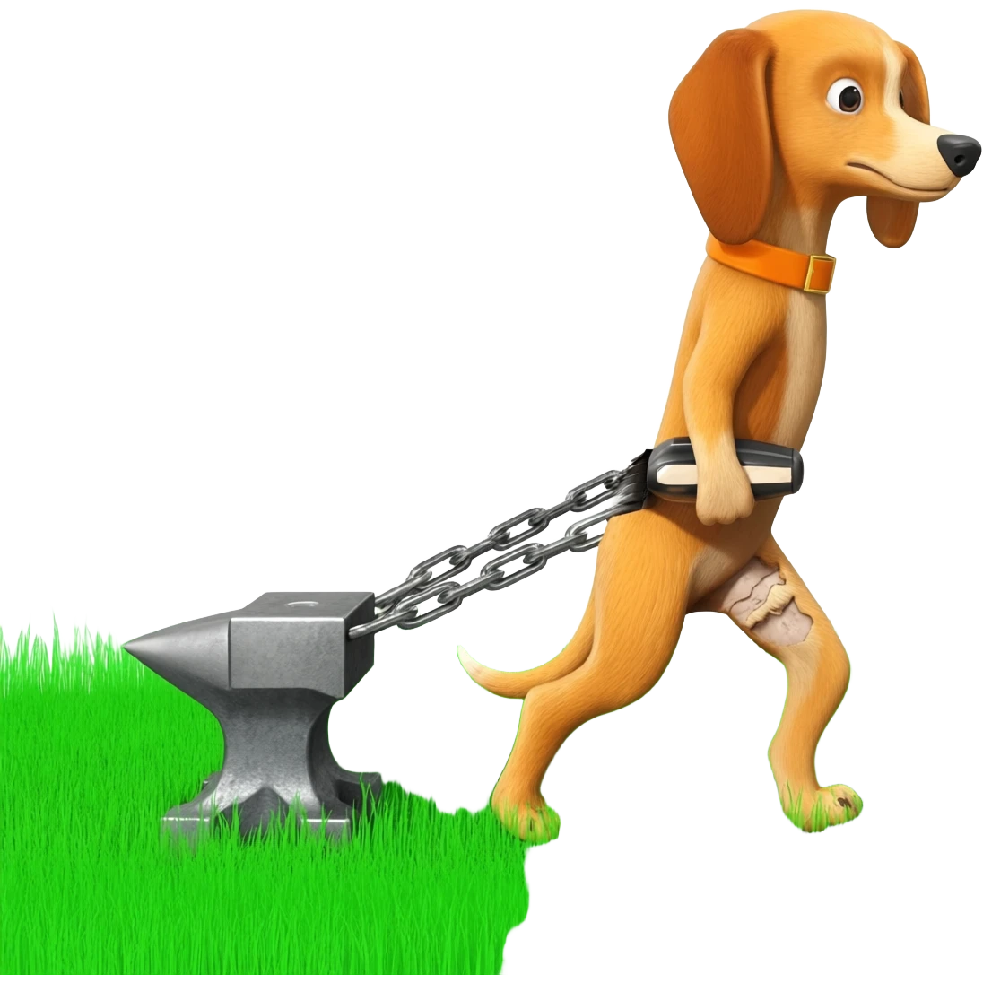 Pack hound standing on green grass pulling an anvil that has an electric shaver under anvil  show the lower cut grass path behind anvil.showing a shaven  path along green grass by leads or chains. Show the shaver cutting the grass emoji