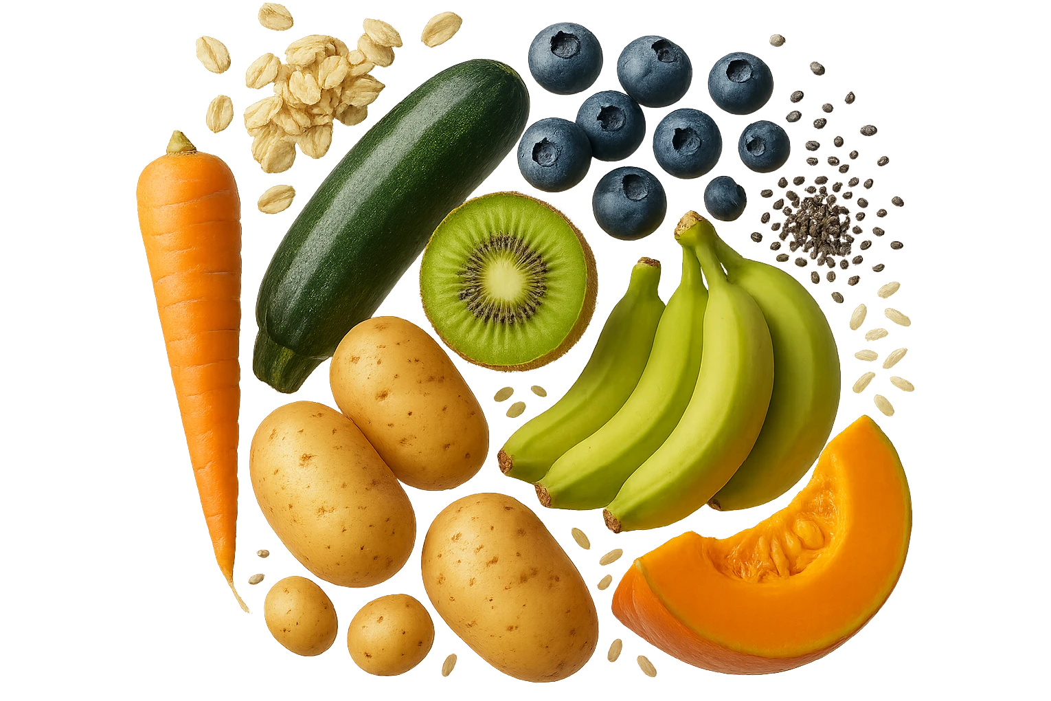 carota, fiocchi di avena, zucchine, kiwi, mirtilli, semi di chia, patate, banane acerbe, zucca, riso fluttuano in aria verticalmente, iperrealistici 4k emoji