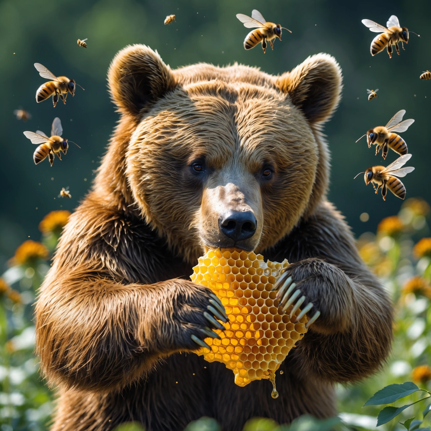 bear eating honeycomb with bees flying around emoji