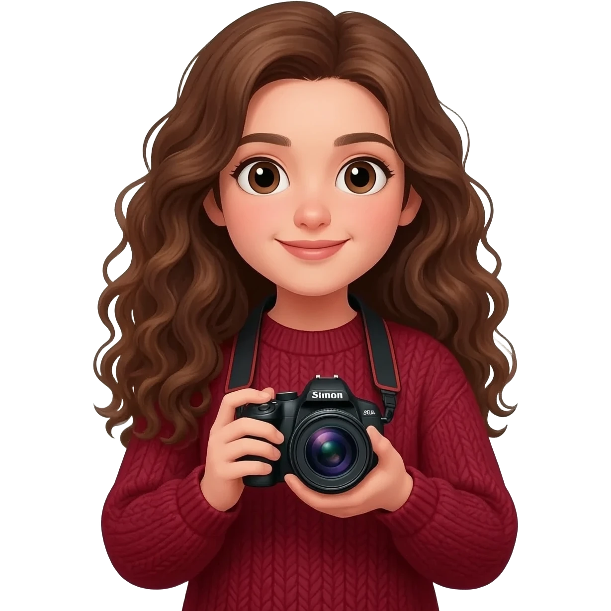 Girl brune bouclés long avec un pull rouge bordeaux avec un appareil photo en main Style IOS emoji