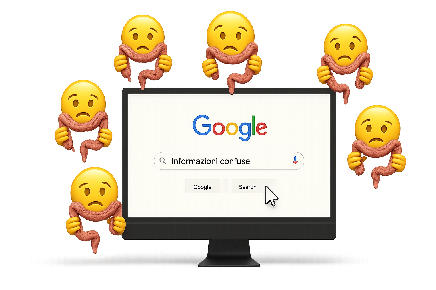SCHERMO DI PC CON LA SCRITTA "informazioni confuse" SULLA BARRA DI RICERCA GOOGLE SULLO SCHERMO E IL CLICK DEL MOUSE SULLA SCRITTA CERCA, stile emoji iphone fluttuano in aria stringendo in mano un pezzo di colon intestinale, iperrealistico 4k emoji