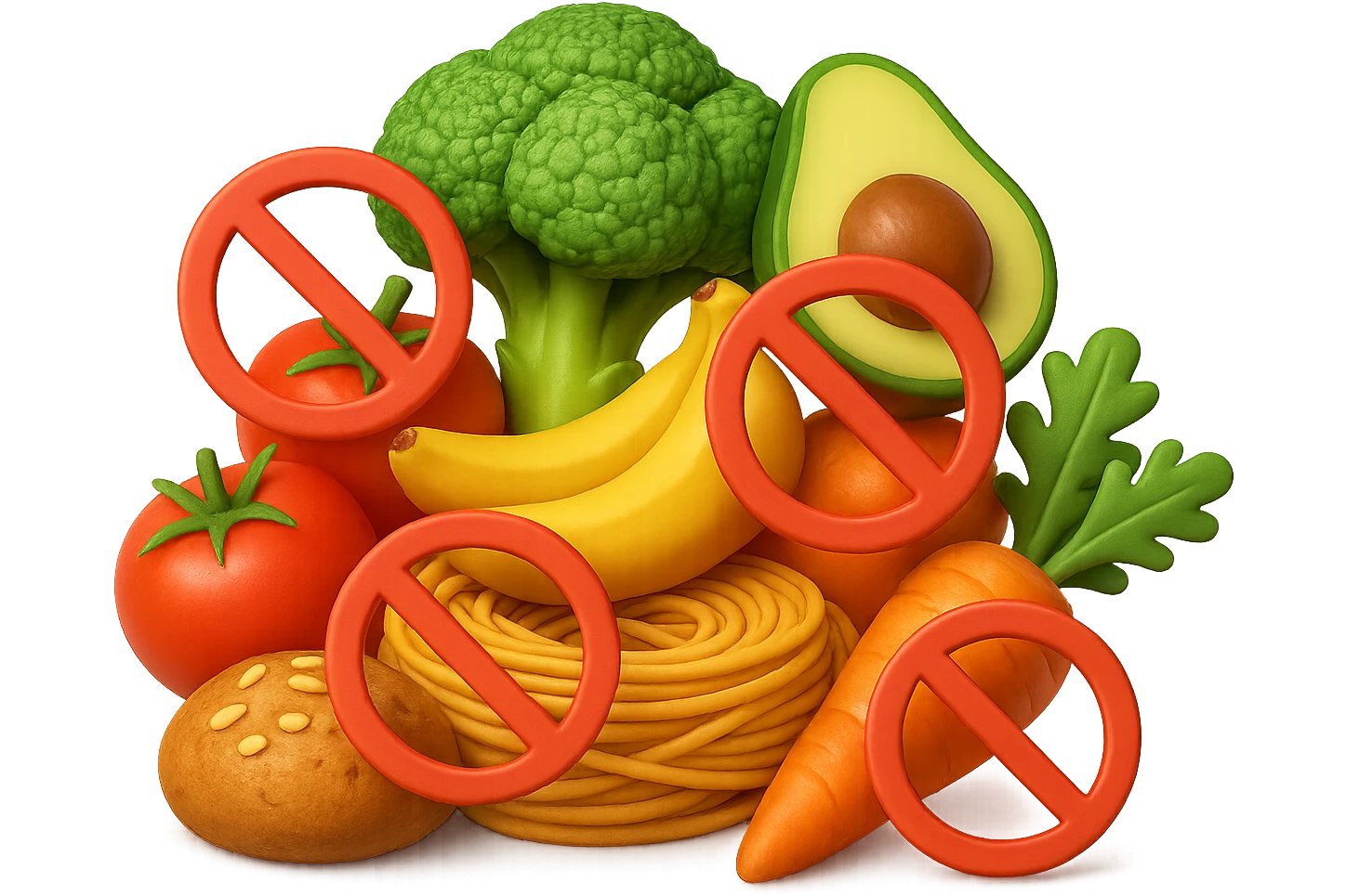 EMOJI STILE IPHONE DI UNa montagna di cibo sano tipo broccoli, pomodori, pasta ecc con divieti 3d sparsi, IPERREALISTICO 4K emoji