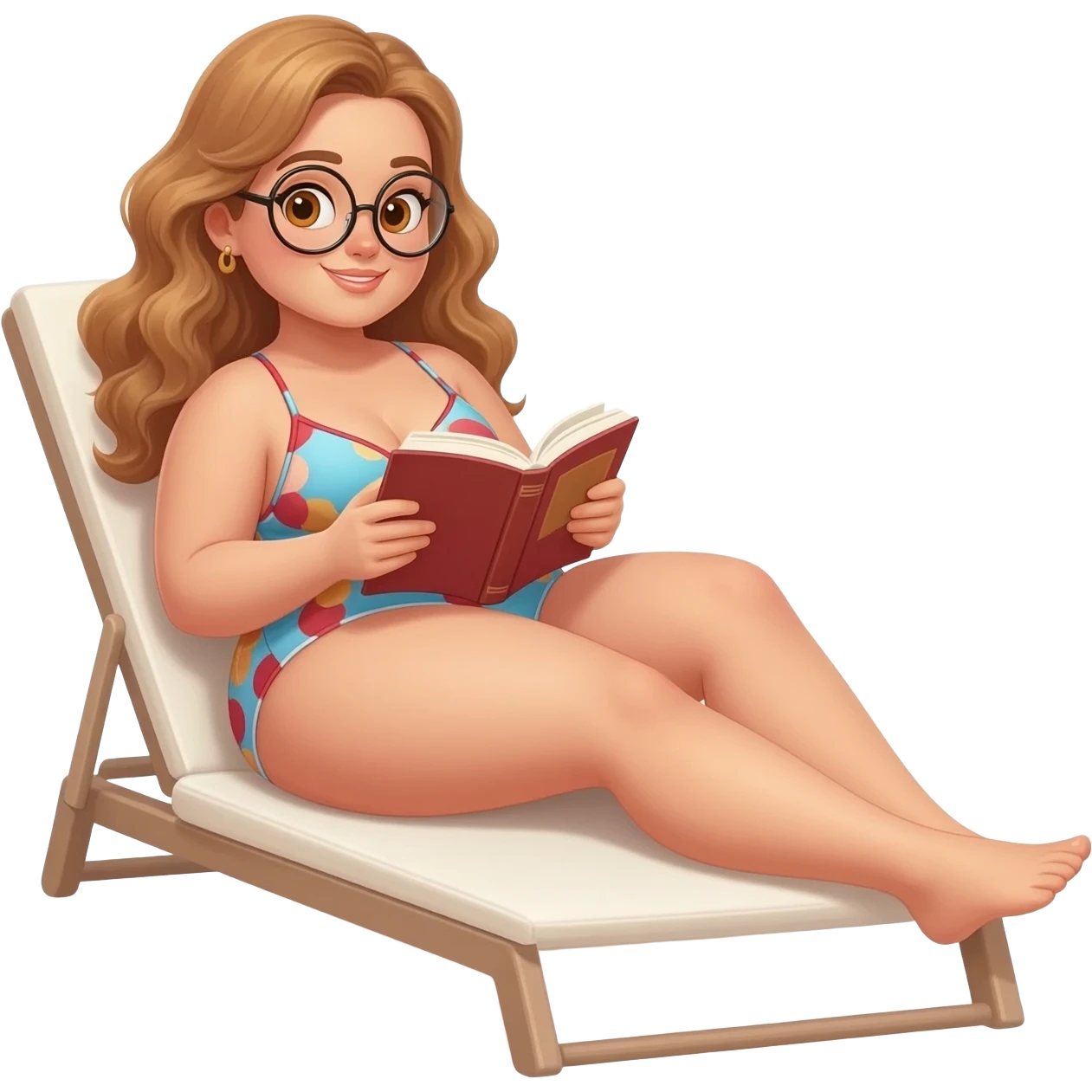 detailed emoji illustration of a curvy woman with long light brown wavy hair and light brown eyes wearing round glasses, relaxing on a lounge chair in a swimsuit while reading a book, sunny summer atmosphere, emoji style emoji