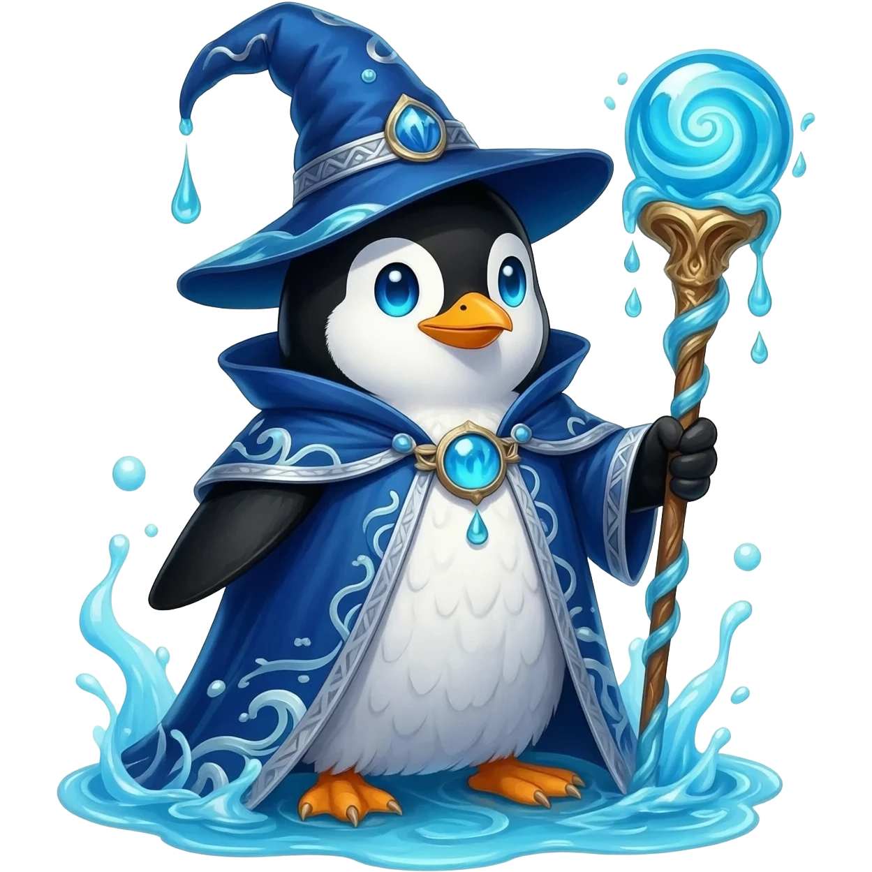 Vibrant water wizard penguin with black-and-white feathers and glowing deep-blue eyes. Wearing flowing blue-and-silver robes with wave runes and tall wizard hat with cascading water. Holding ornate staff with swirling liquid orb. Swirling blue water streams and bubbles emanate from its body emoji