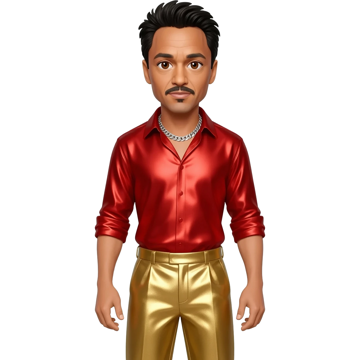 Robert Downey Jr with brown eyes, black hair, red metallic shirt, gold metallic baggy pants, silver necklace emoji