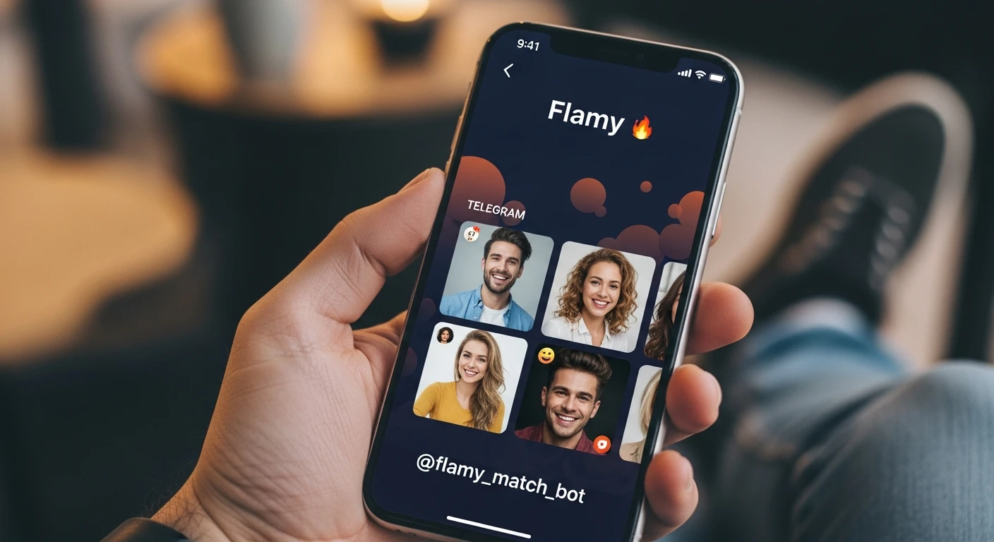 у меня в телеграм бот для знакомств - Flamy. Логотип бота - Emoji огонька. id бота в телегам - @flamy_match_bot. Мне нужно чтобы ты сгенерировал картинку для рекламного поста, чтобы рекламировать бота в других каналах. Сделай рекламу где показано как держат телефон на котором открыт Flamy. emoji