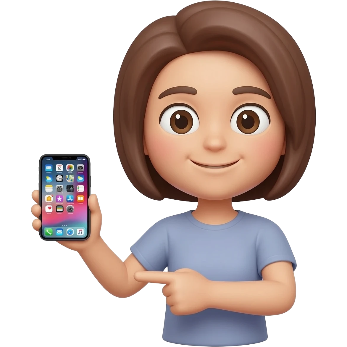 Tête emoji beige fille brune cheveux courts iPhone IOS qui exige de faire ce qu’on dit en pointant du doigt emoji