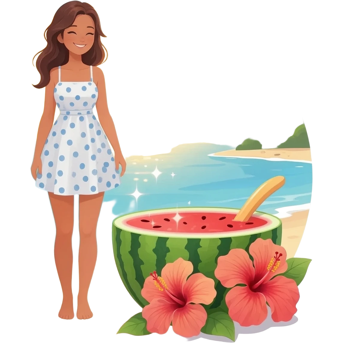 🌅🌺🏝️🏖️🍉🌞✨🧍🏻‍♀️👩🏻 emoji