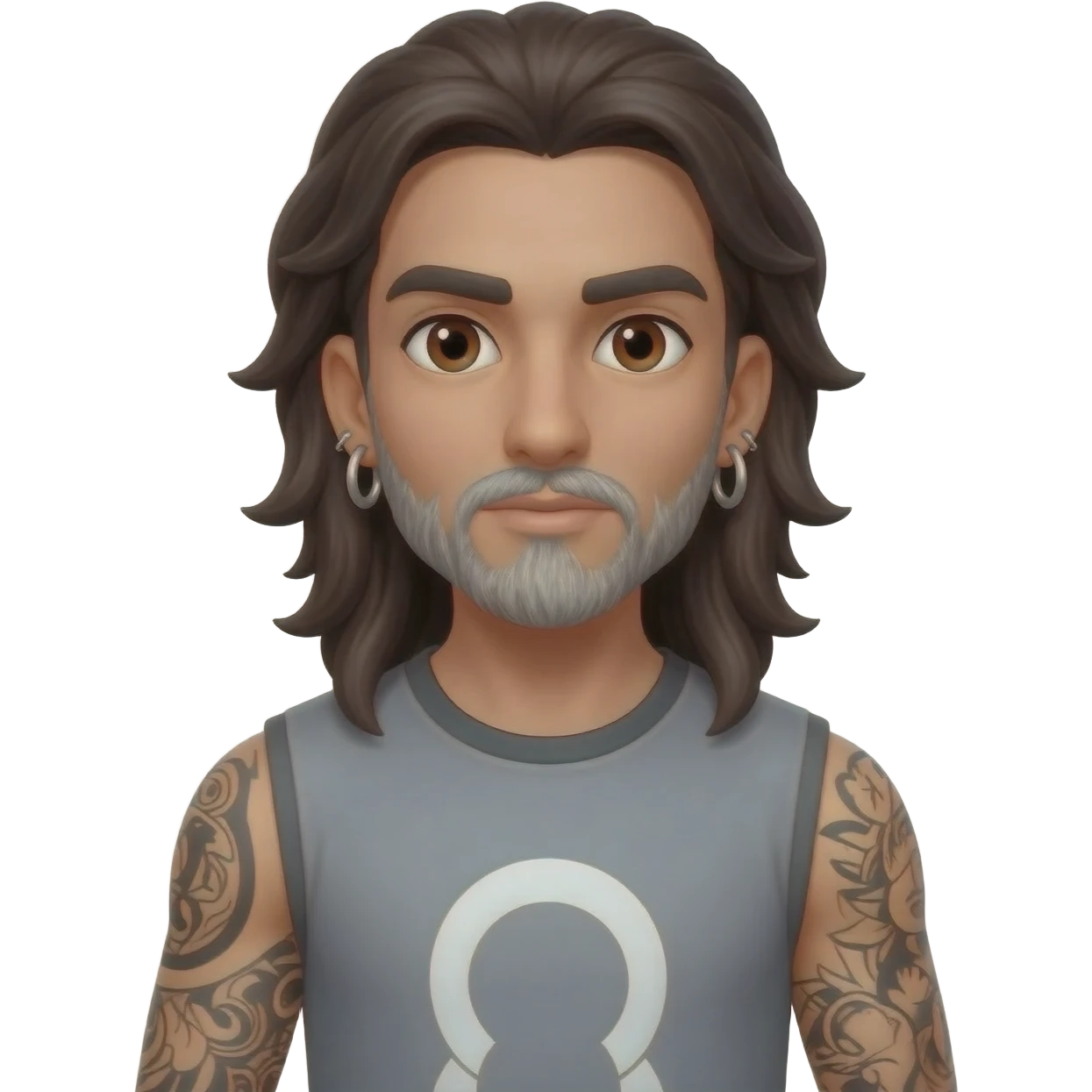 Male brunette, brown eyes, silver beard, long hair, tattoo, sleeves, hoop, earrings sir hump alot emoji
