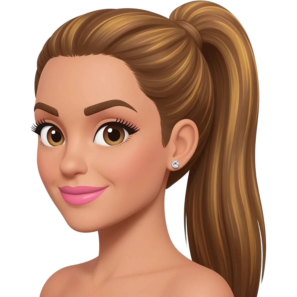brunette with long golden-brown hair with light brown roots in a sleek high ponytail, dark brown eyes, medium brown eyelash color, full lips, small button nose, fair olive color skin, with full eye lashes, diamond earring studs, with pink lipstick, nice smile, with light brown eyebrows emoji