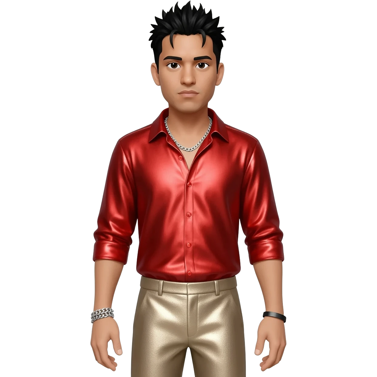 Chino Moreno with black hair, red metallic shirt, beige metallic baggy pants, silver necklace emoji