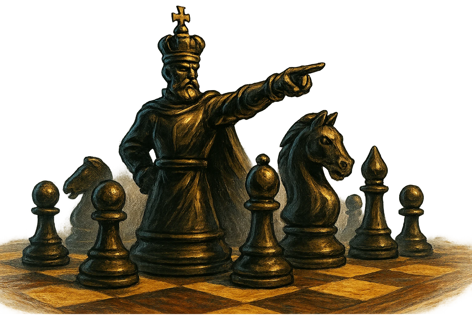 В cлегка рисованной, но при этом объемной, яркой и фотореалистичный стилистике сгенерируй картинку где по центру стоит шахматный король сделанный из качественного чёрного золота, он указывает пальцем в даль как военноначальник, а рядом фигуры пешек, конь, ладья, слон идут в атаку, на полу виднеется шахматная доска, фон позади фигур прозрачный фон emoji