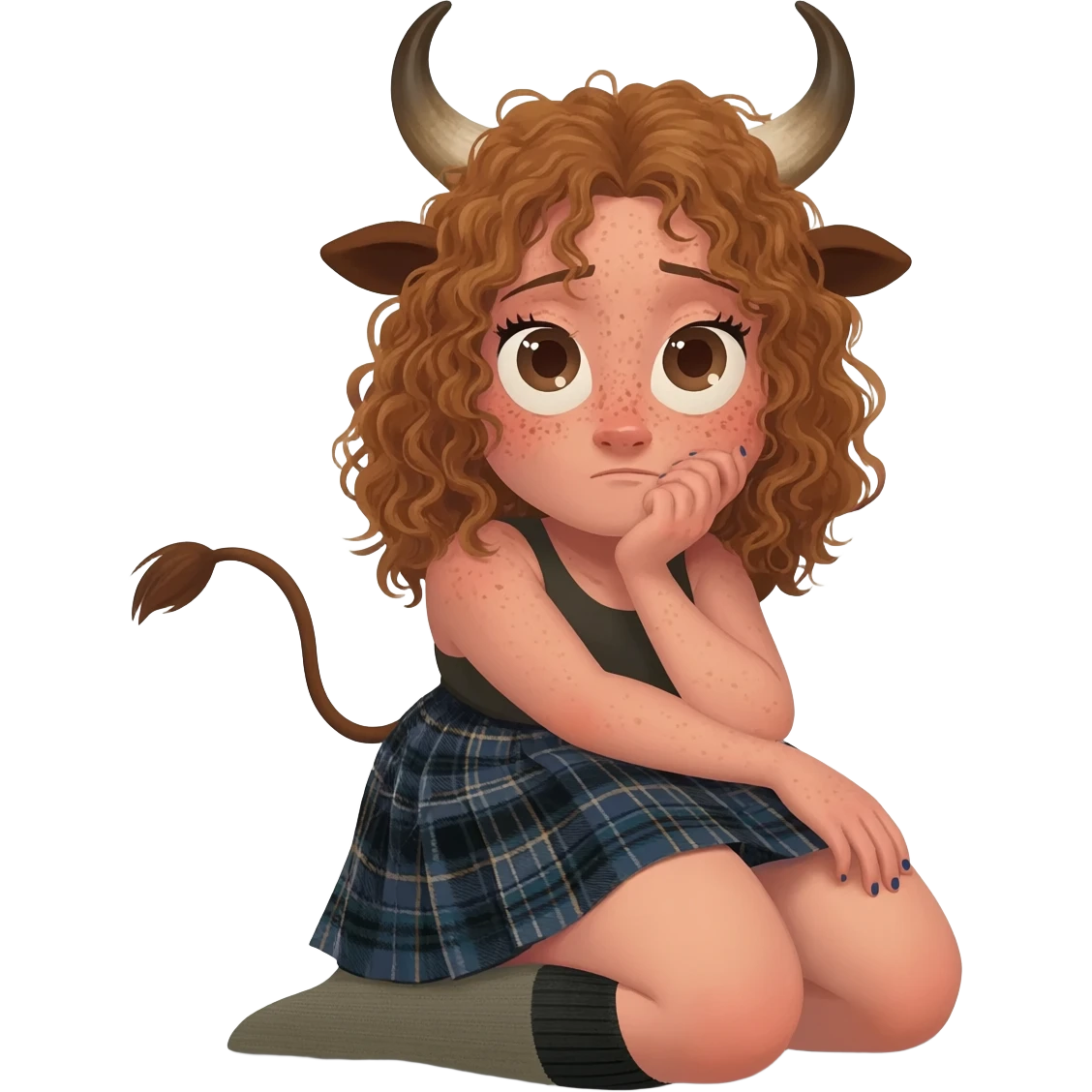 shy buff curly woman with frecles with light brown messy hair touches her long brown cow tail with both hands with strong fat thights with cow horns and cow brown ears with big butt in a short scottish kilt and with knee socks and shoes crossed legs very shy expression emoji