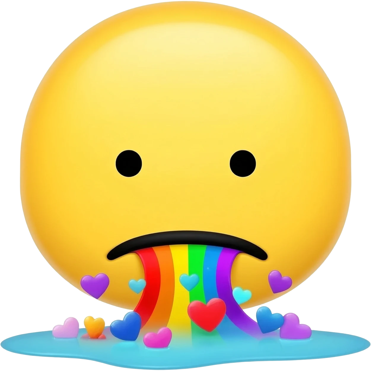 Standard yellow Smiley face, not looking happy, spitting out a rainbow with hearts into a little puddle emoji