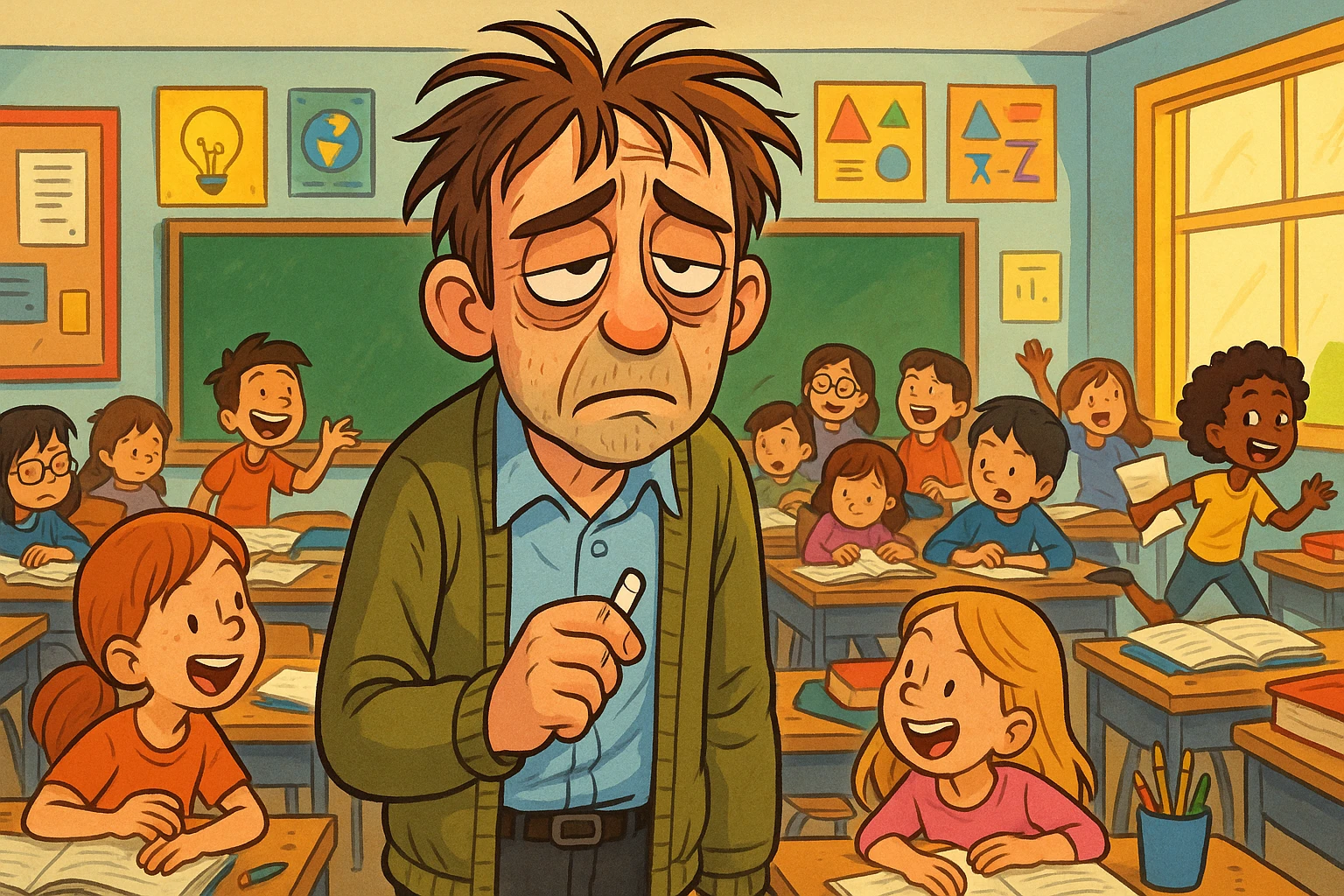 digital cartoon art of a exhausted teacher in a bustling classroom emoji