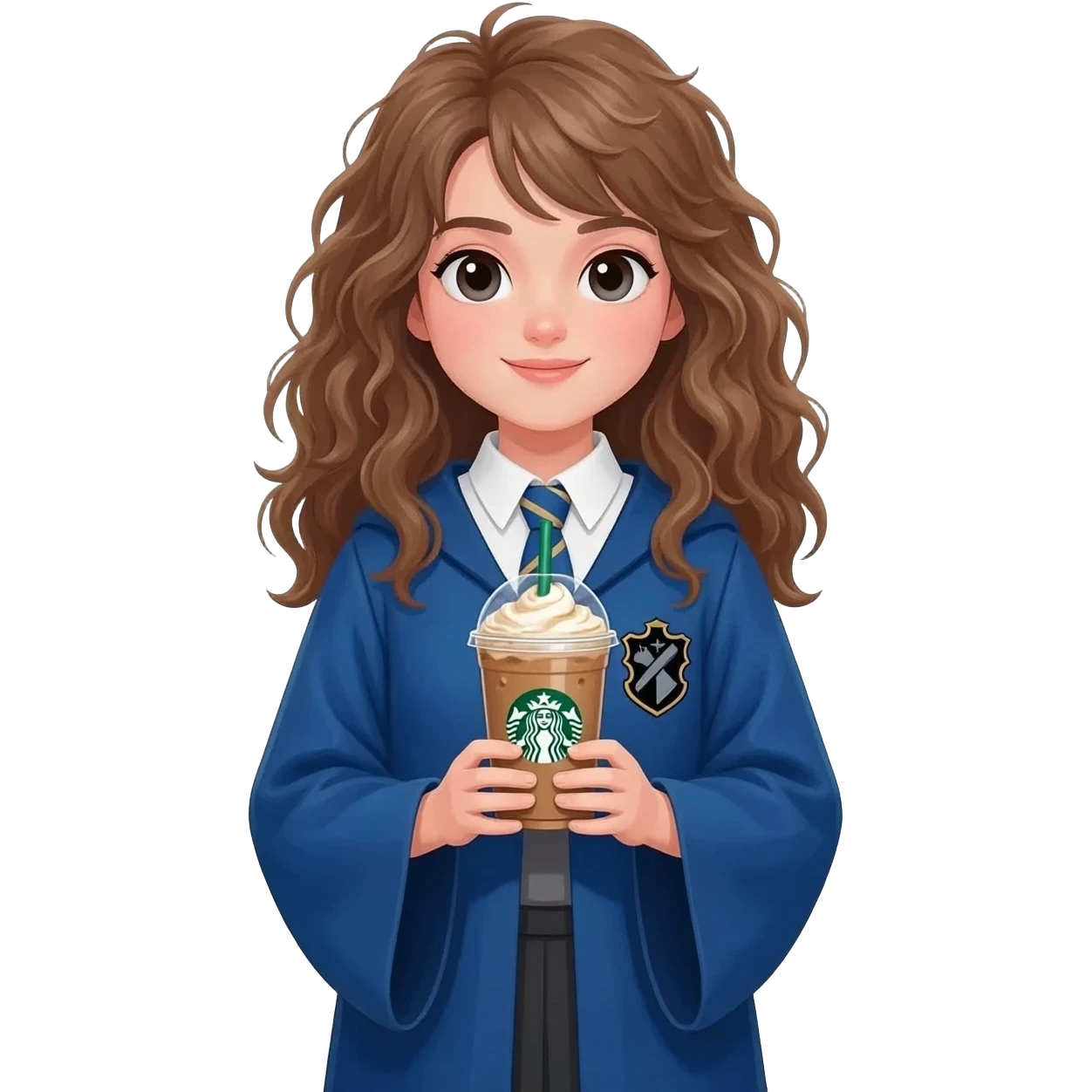 a girl with messy wavy hair in a blue Ravenclaw robe, she's standing and holding an ice starbucks americano in her hands emoji