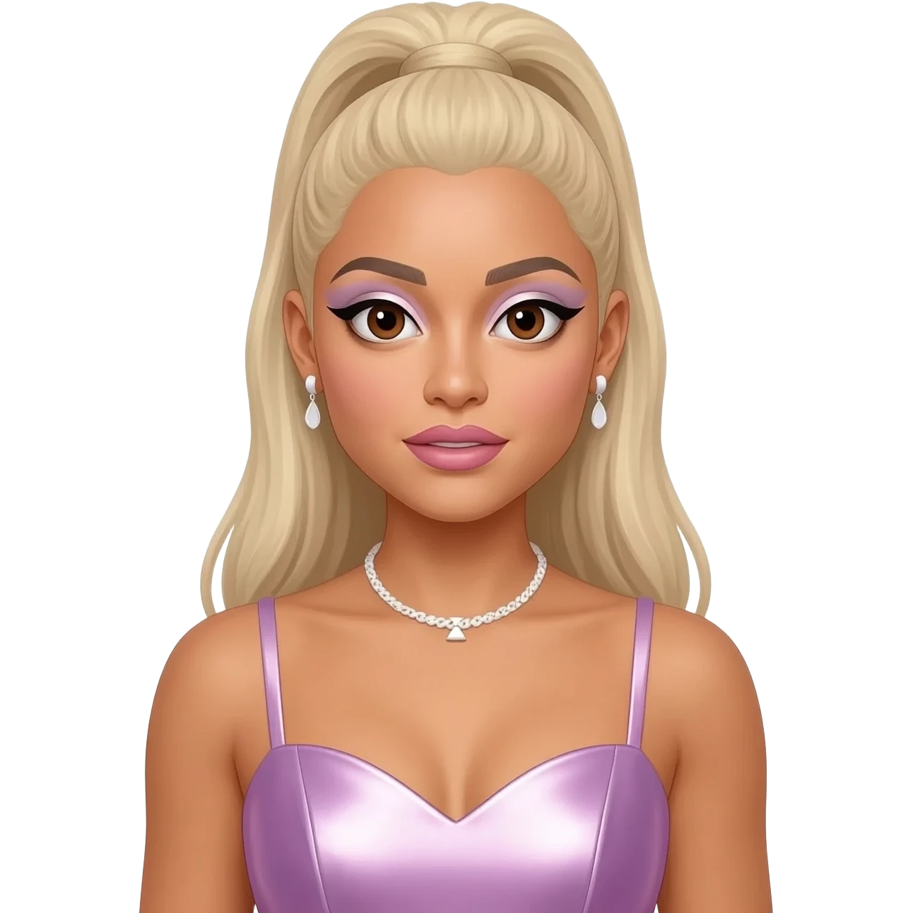 Ariana Grande with brown eyes, long blonde ponytail hair, white eyeshadow, pink lipstick, lavender pink metallic sweetheart dress, white necklace and earrings emoji
