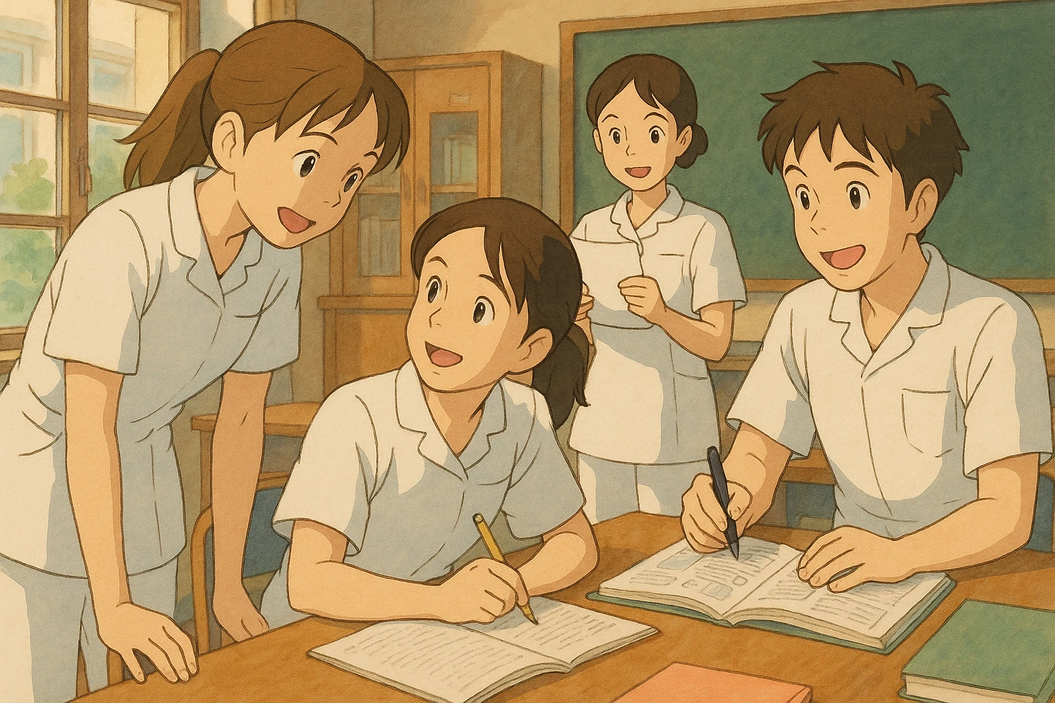 Quatre étudiants infirmiers en intérieur, style Ghibli, travaillant en collaboration et en interaction. Uniformes blancs à manches courtes, tuniques médicales col en V, poche poitrine à gauche, avant-bras nus, pas de pied de col ni stéthoscopes, cheveux longs attachés pour ceux qui en ont. Ambiance chaleureuse, dynamique, professionnelle. emoji