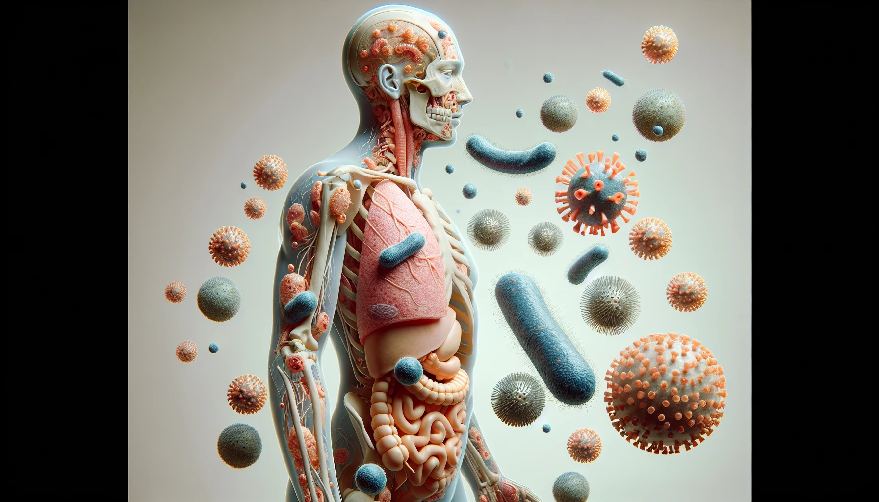 corpo umano anatomico di profilo con virus e parassiti che cercano di attaccarlo , sfondo neutro chiaro, iperrealistico 4k emoji