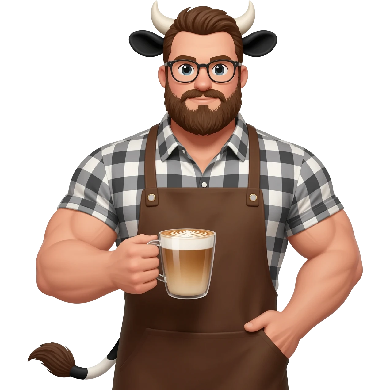 big buff man in a checkered shirt with beard in glasses with extra large fat tits with cow ears and cow tail dressed like barista in brown apron with latte in his hand emoji