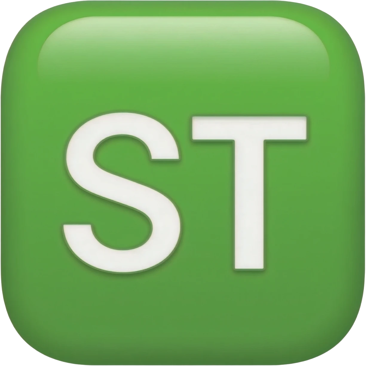 "3D premium,3D rounded-square icon in strong Lawn Green with a beveled edge, bold serif white letter 'ST'centered, strong specular highlights, inner glow, 1024x1024, png" emoji