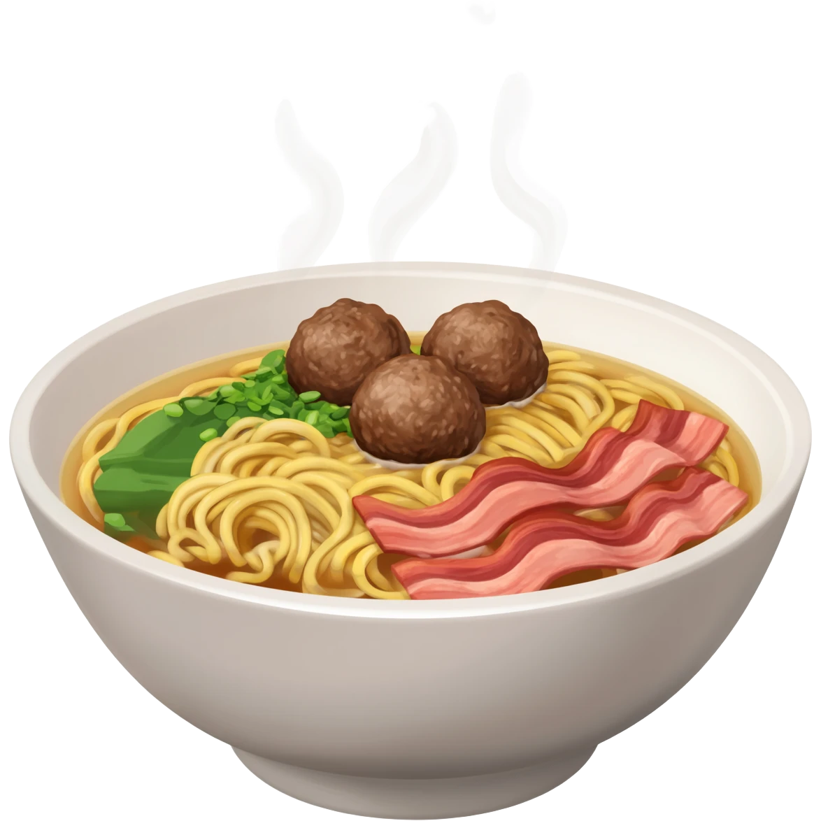 a cow meat ball and ramen stew with bacon emoji
