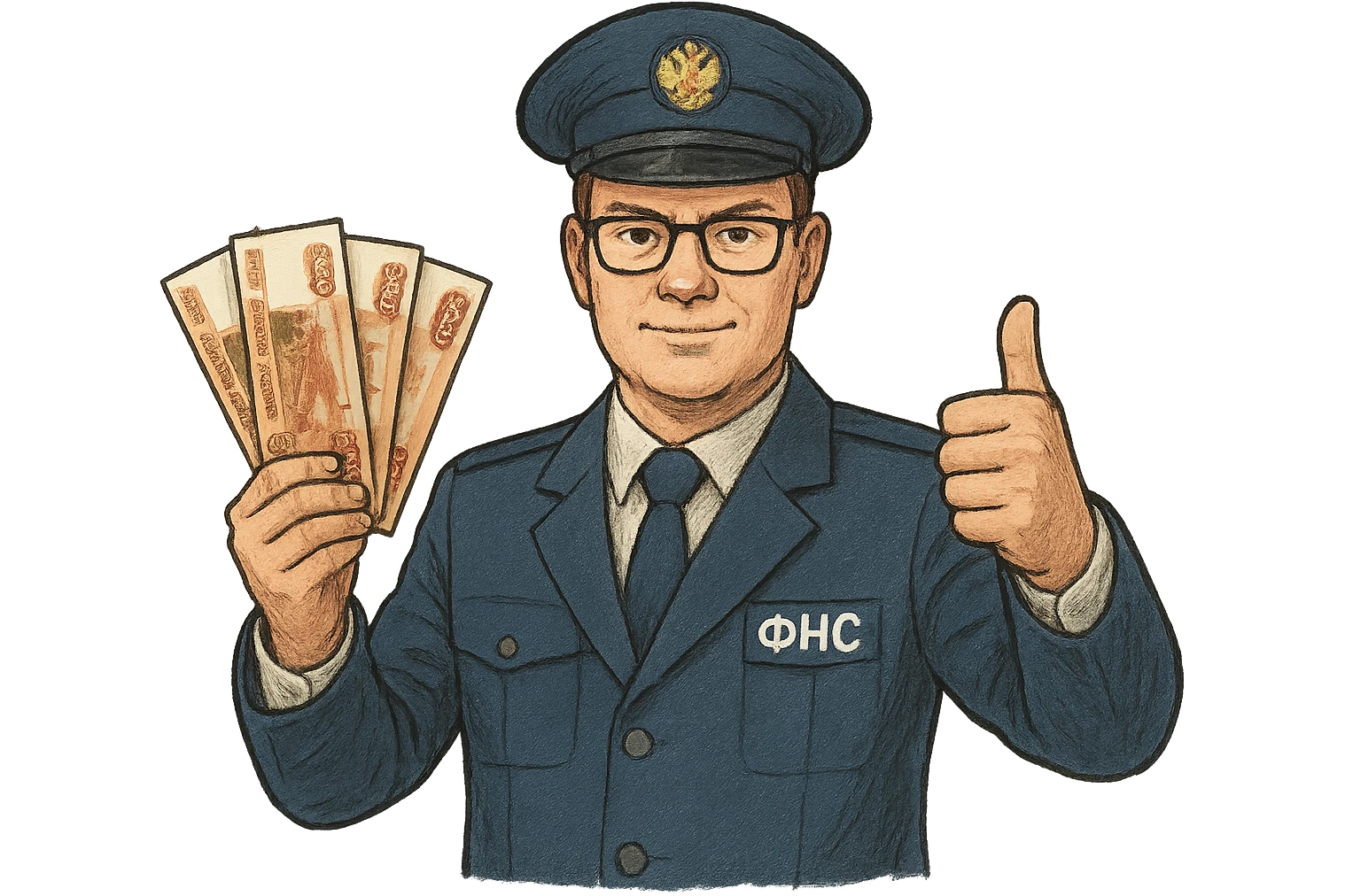 В слегка рисованном, но при этом объемном стиле инспектор ФНС держит пачку 5000 тысячных купюр, другой показывает класс и смотрит ровно на зрителя, прозрычный фон, не обрезать края картинки emoji