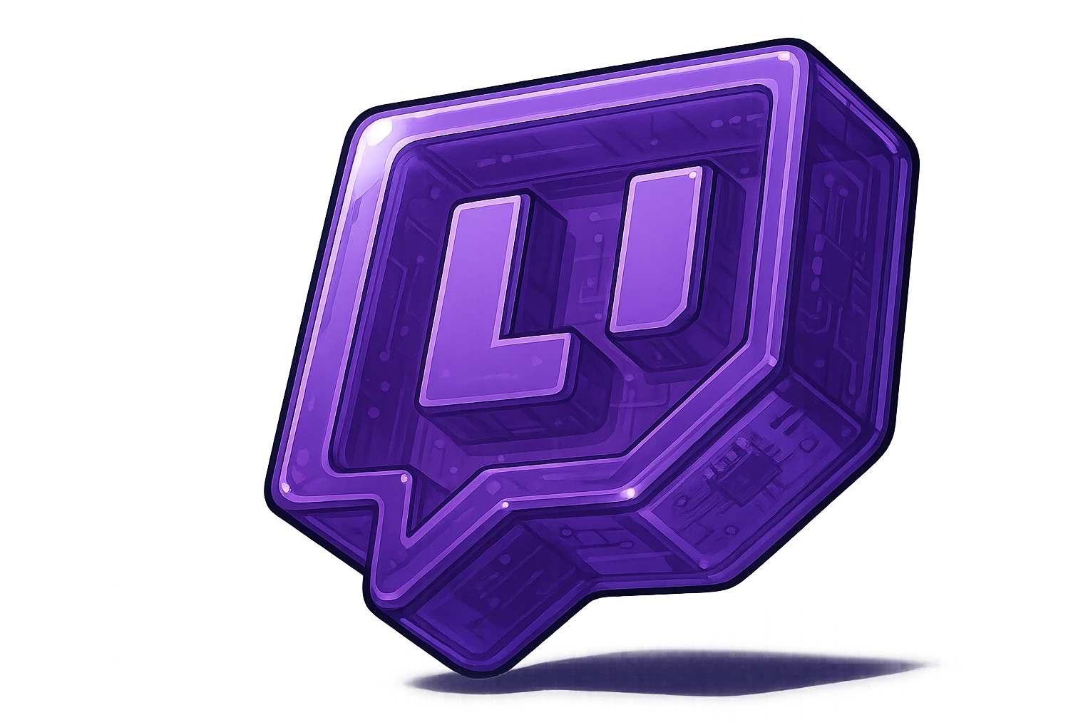 Create a plump glossy Twitch logo with a transparent background, sharp contour, expressive shadows and highlights, similar to the provided example. emoji
