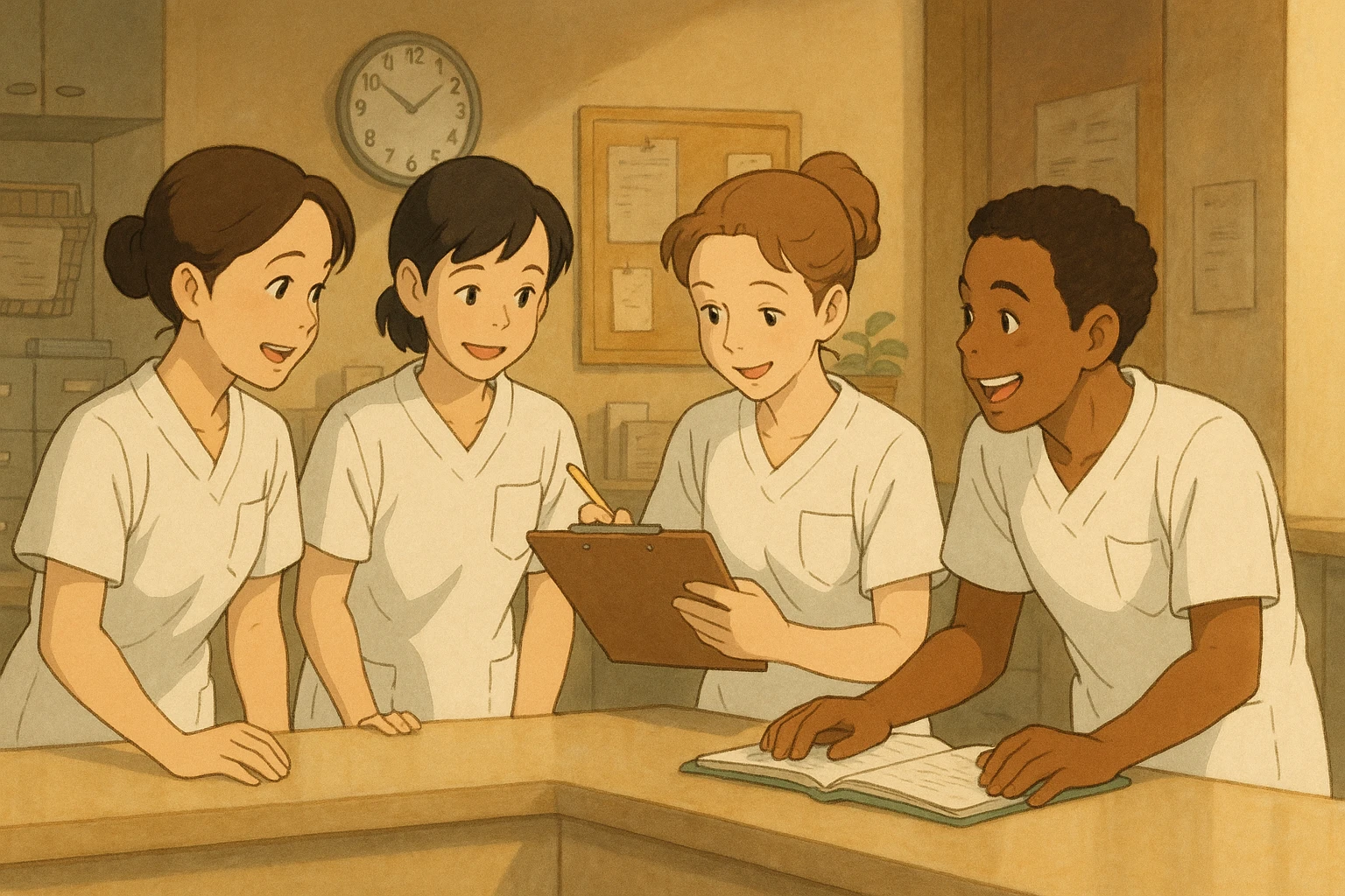 quatre étudiants infirmiers en pleine collaboration et interaction dans un poste de soin, ambiance d'équipe, style Ghibli, tenues uniformes blanches à manches courtes, hauts de type tunique médicale avec col en V et poche poitrine côté gauche, pas de pied de col, pas de stéthoscopes, pas de vêtements dépassant des manches, ambiance chaleureuse emoji